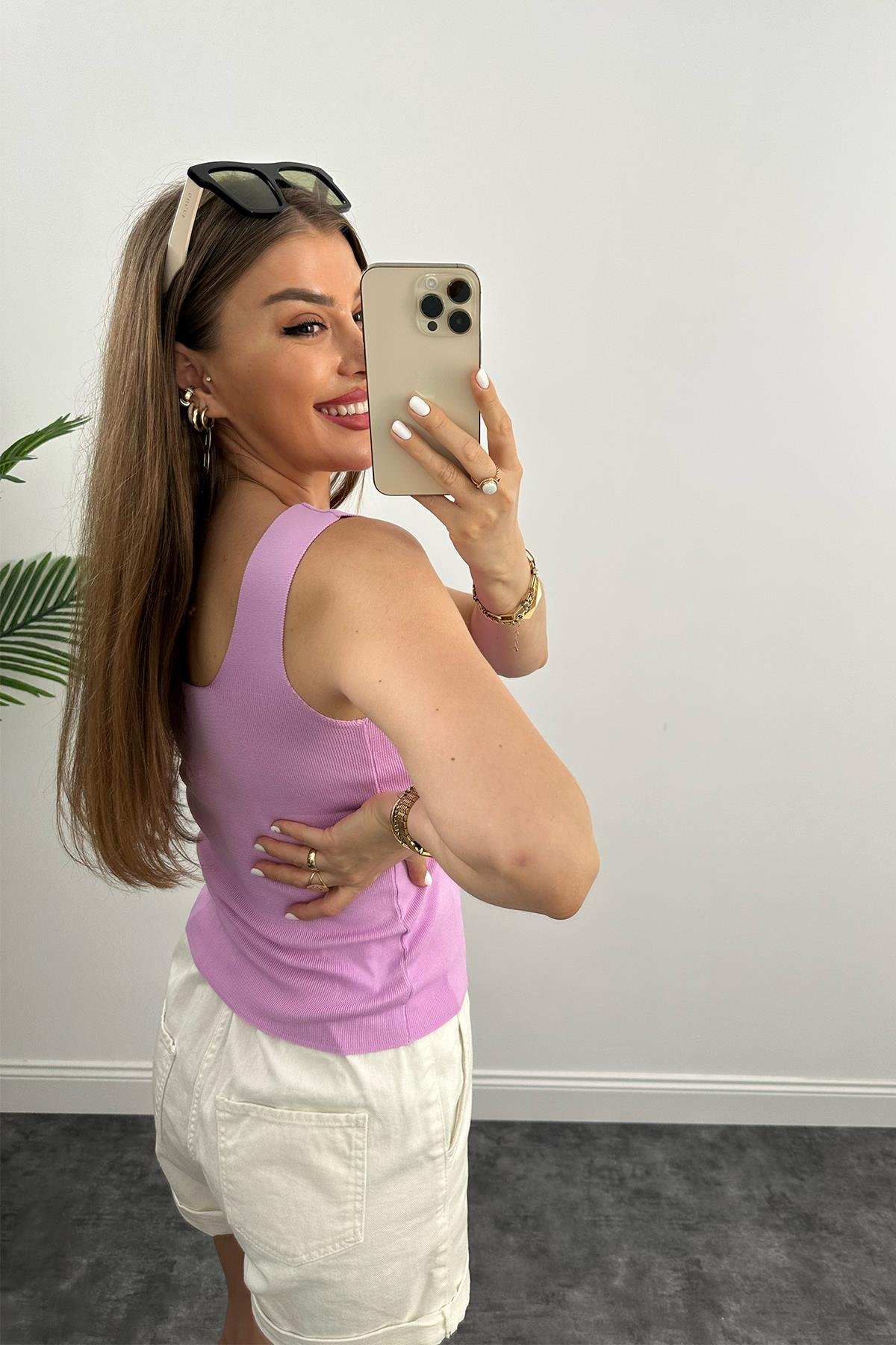 Uzun Boy Elit Triko Kare Yaka Likralı Atlet Lila