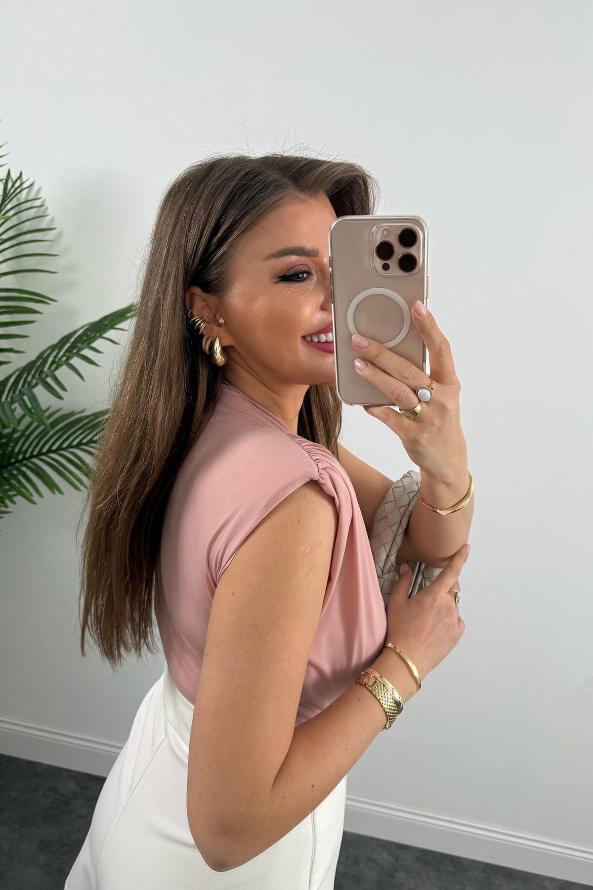 Vatkalı Likralı Sıfır Kol Drapeli Bodysuit Tatlı Pembe