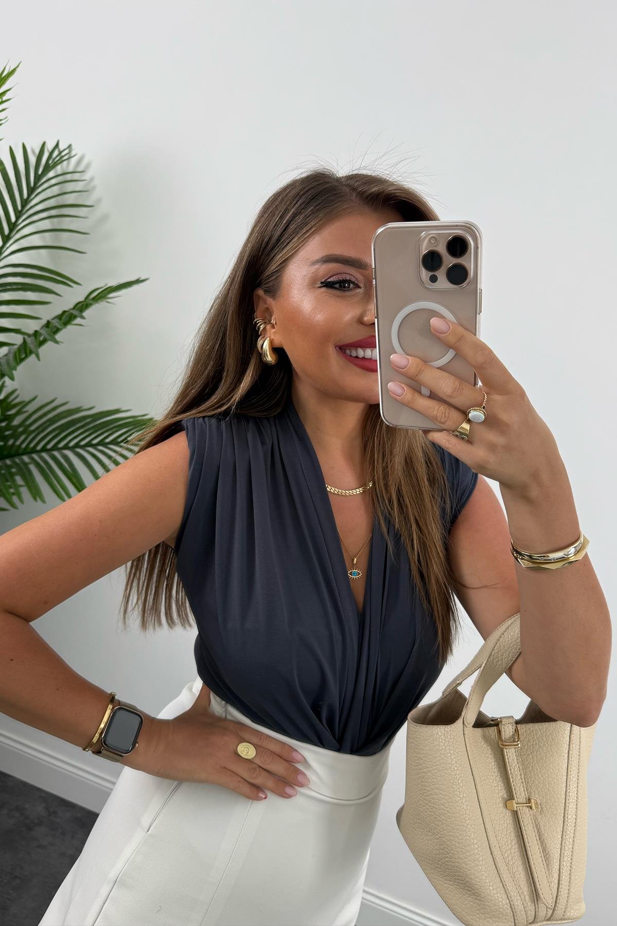 Vatkalı Likralı Sıfır Kol Drapeli Bodysuit Antrasit