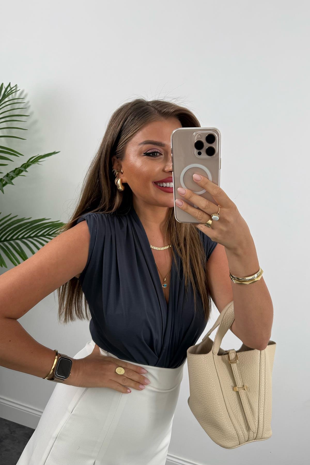 Vatkalı Likralı Sıfır Kol Drapeli Bodysuit Antrasit