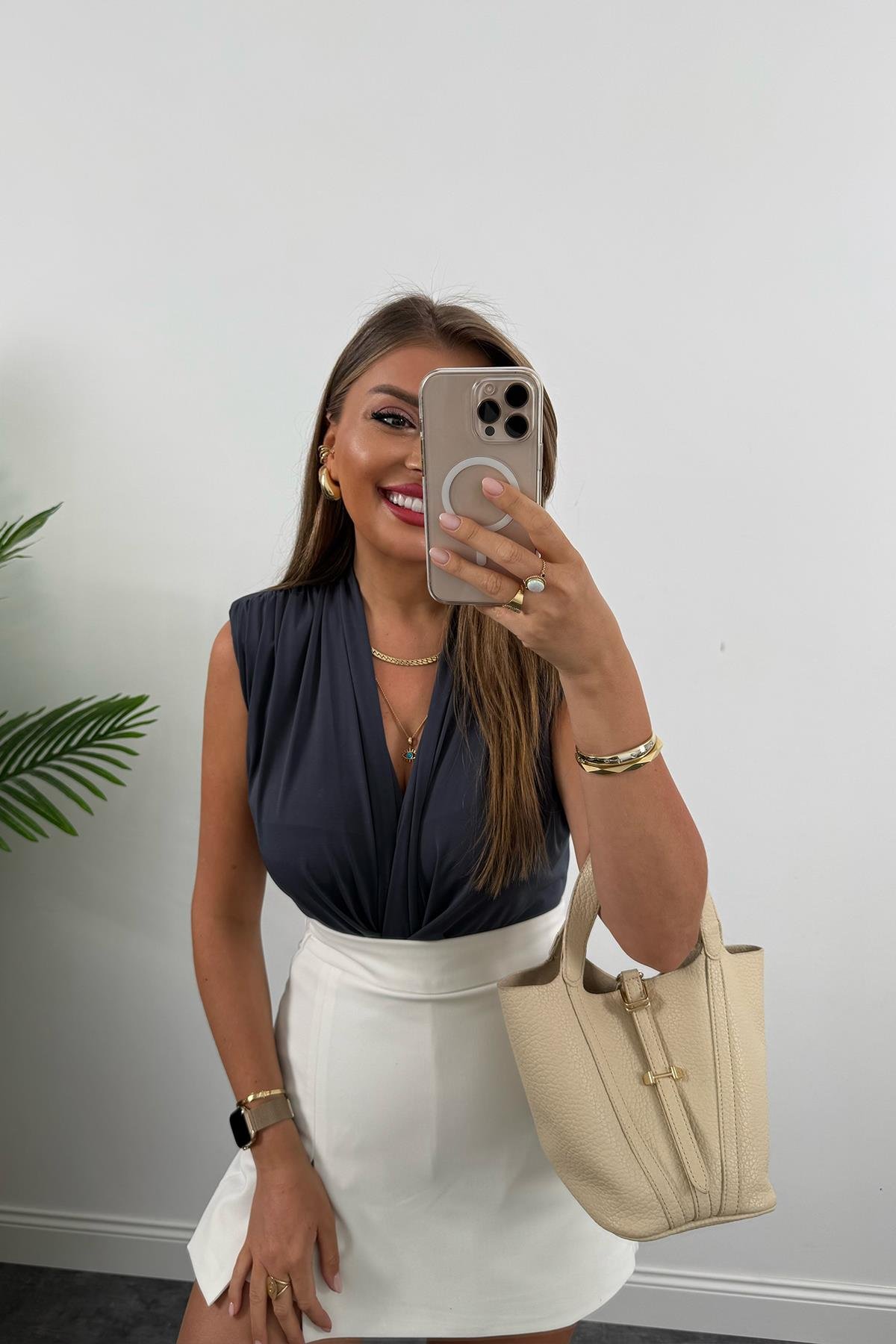 Vatkalı Likralı Sıfır Kol Drapeli Bodysuit Antrasit