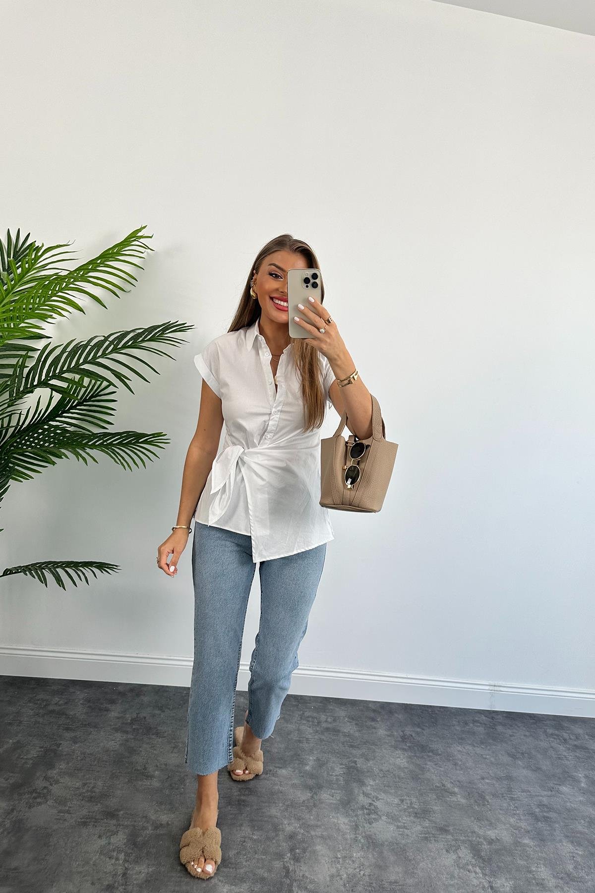 Zara Model Düğüm Detaylı Tasarım Beyaz Gömlek