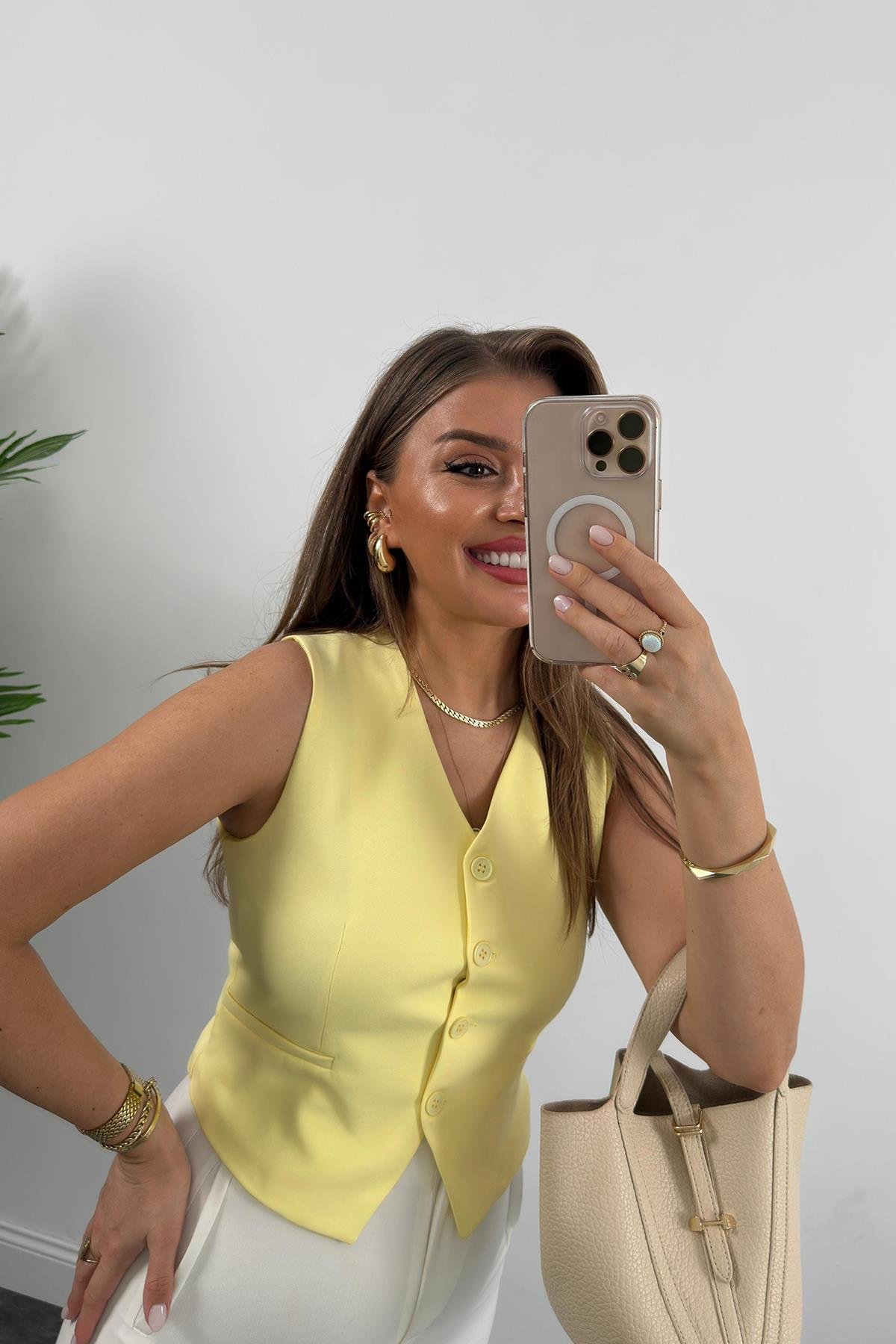 Zra Model Double Atlas Kumaş Astarlı Basic Yelek Pastel Sarı