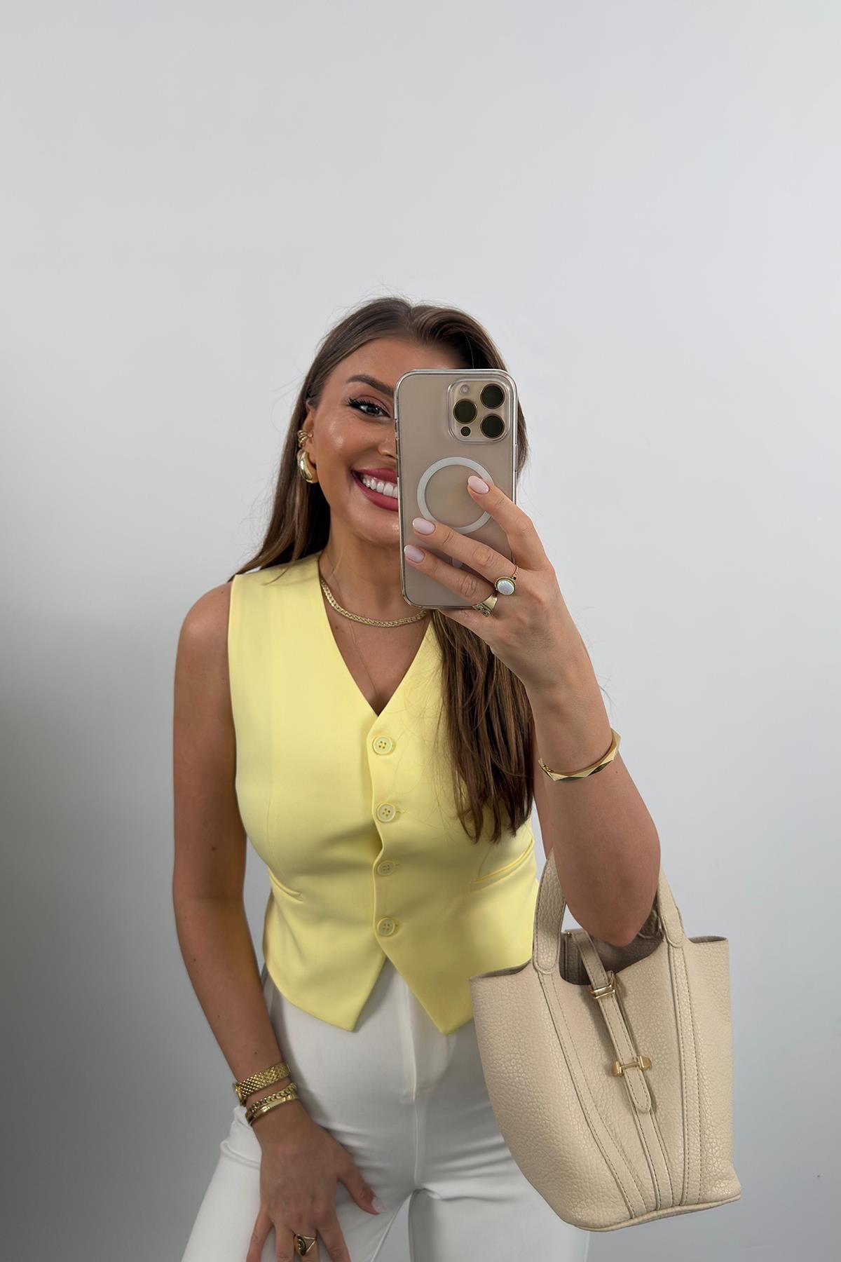 Zra Model Double Atlas Kumaş Astarlı Basic Yelek Pastel Sarı