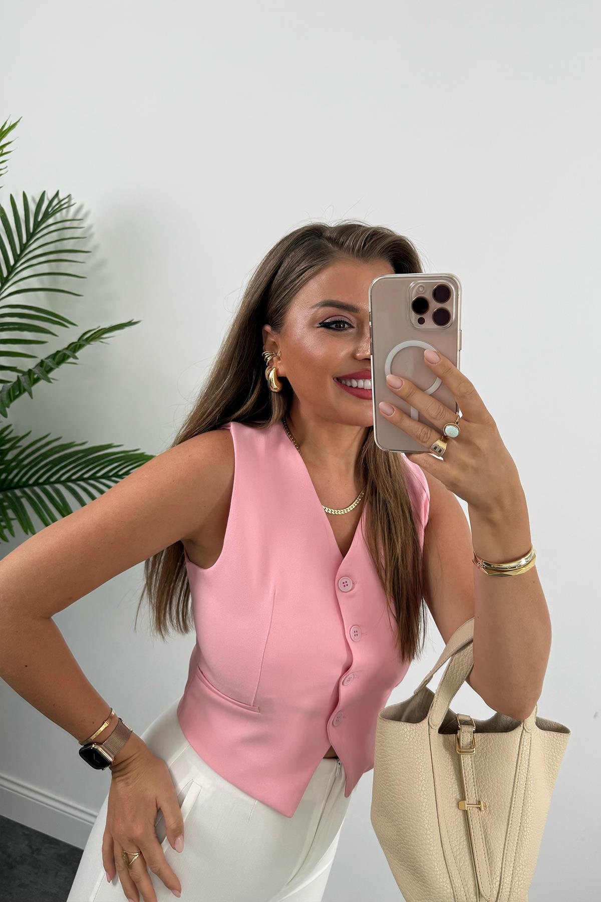 Zra Model Double Atlas Kumaş Astarlı Basic Yelek Tatlı Pembe