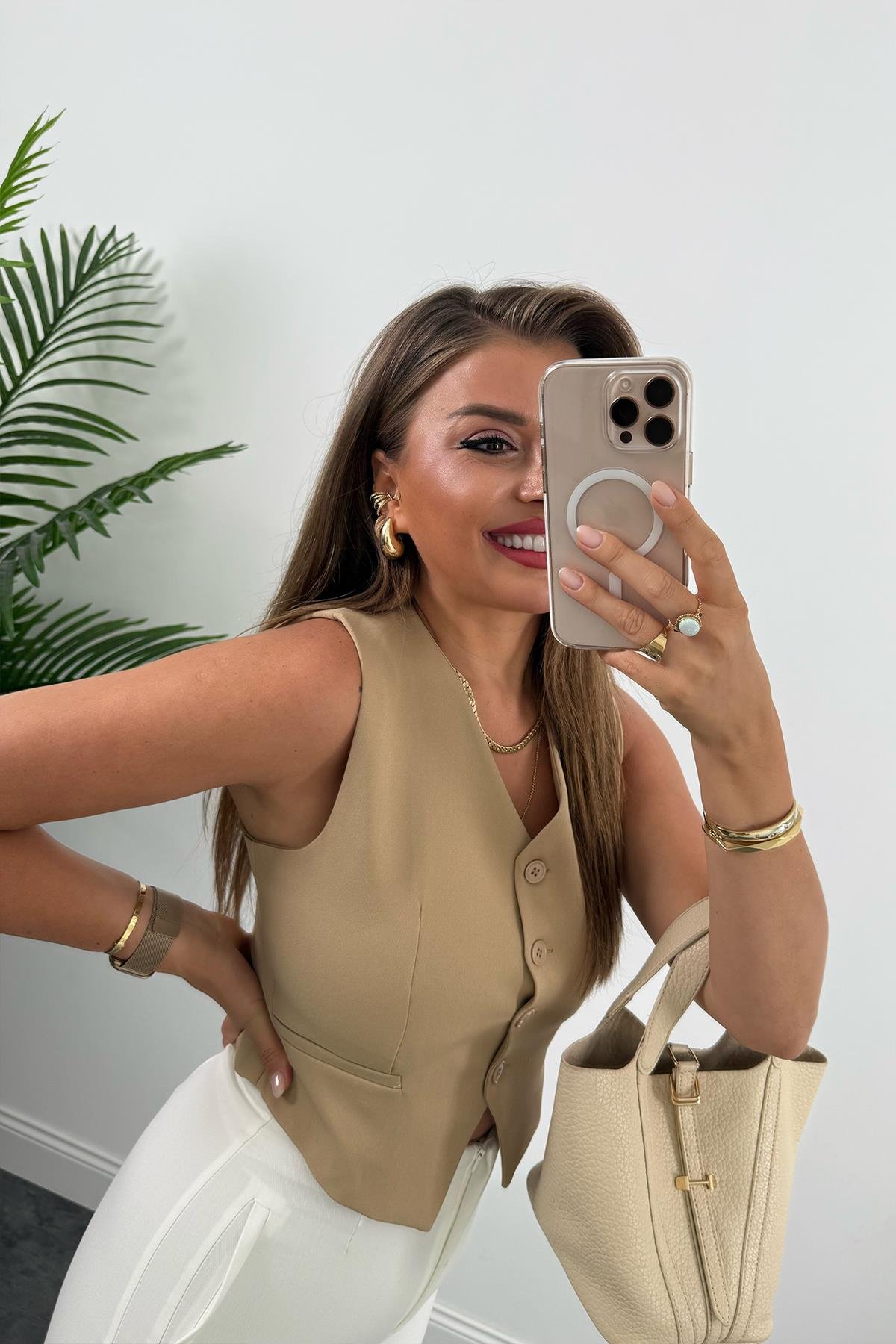 Zra Model Double Atlas Kumaş Astarlı Basic Yelek Camel