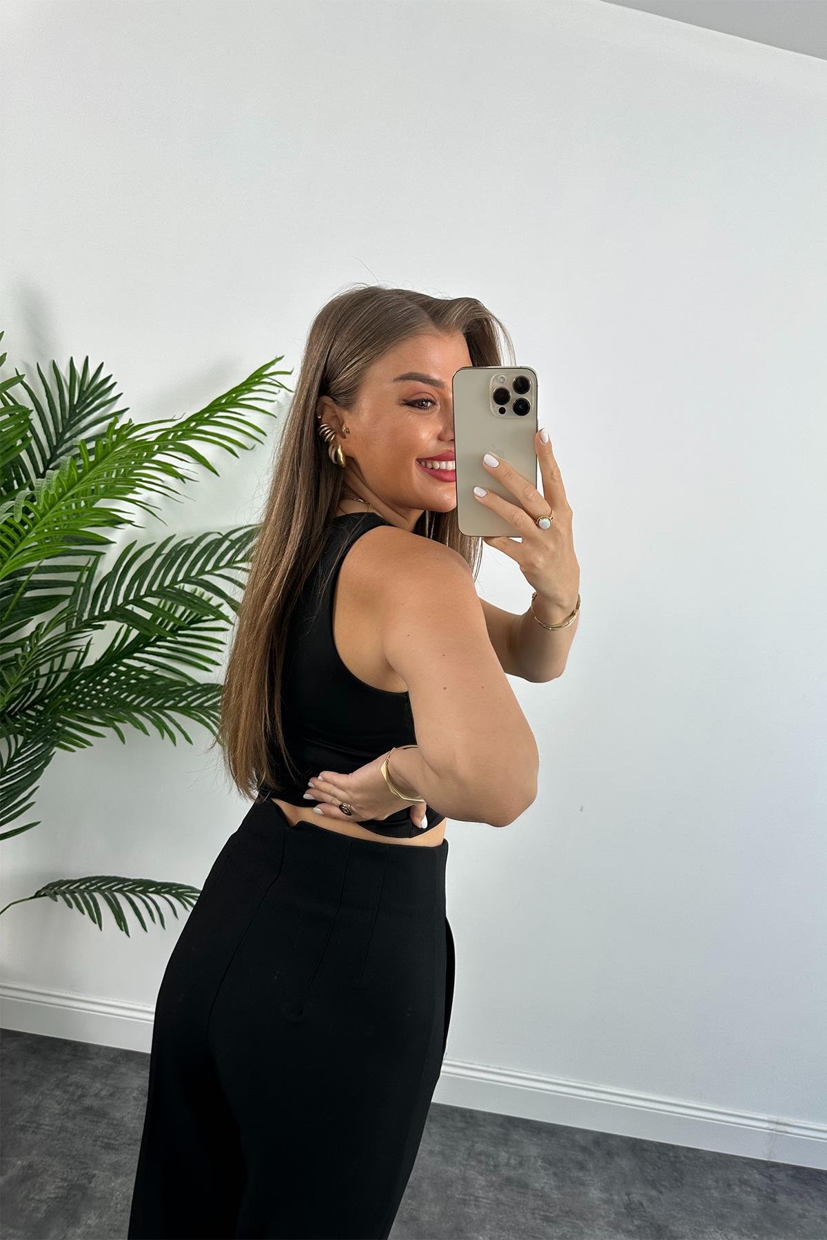 Zra Model Double Atlas Kumaş Yüksek Bel Flatolu Kumaş Pantolon Siyah