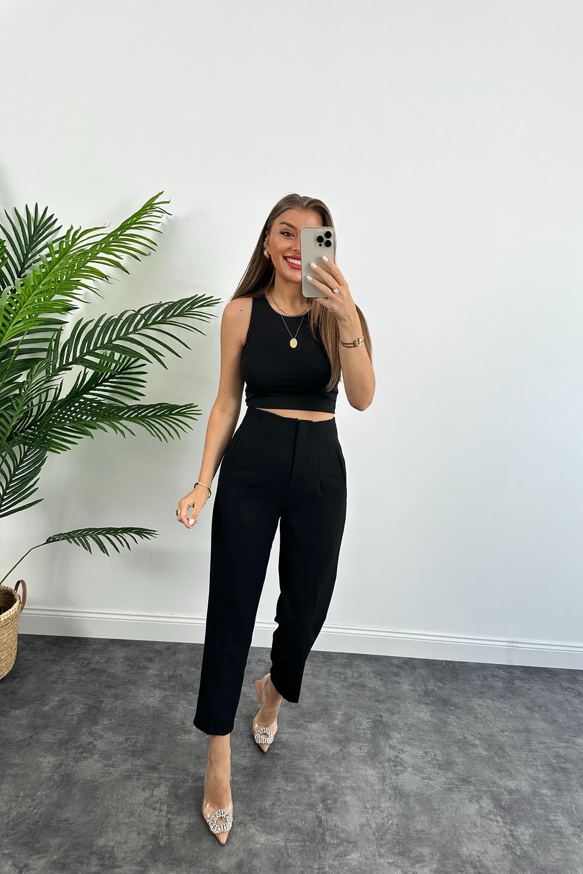 Zra Model Double Atlas Kumaş Yüksek Bel Flatolu Kumaş Pantolon Siyah