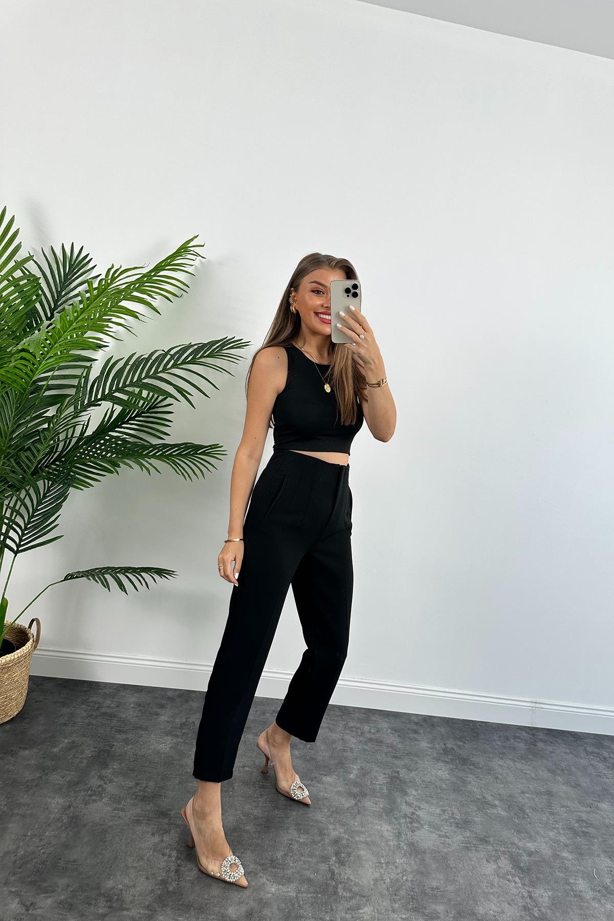 Zra Model Double Atlas Kumaş Yüksek Bel Flatolu Kumaş Pantolon Siyah