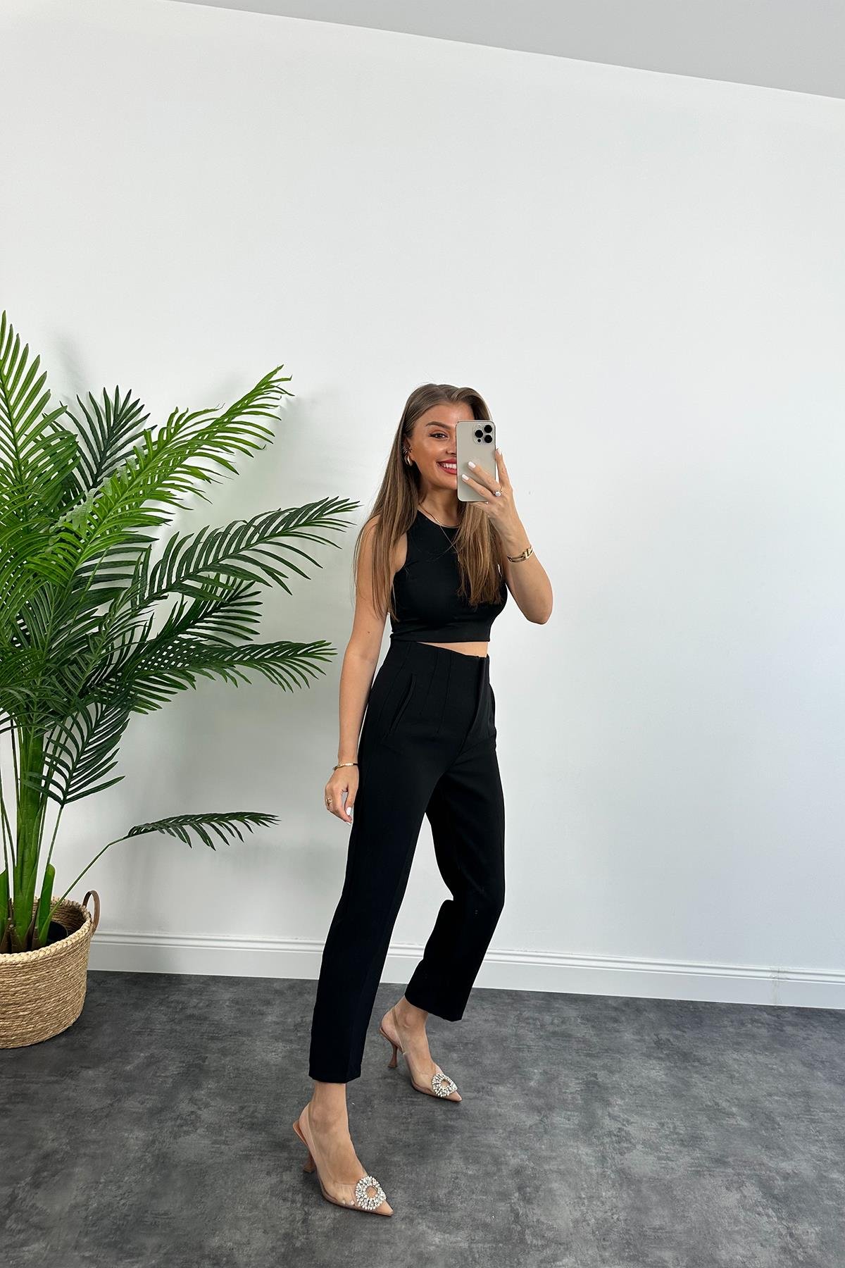 Zra Model Double Atlas Kumaş Yüksek Bel Flatolu Kumaş Pantolon Siyah