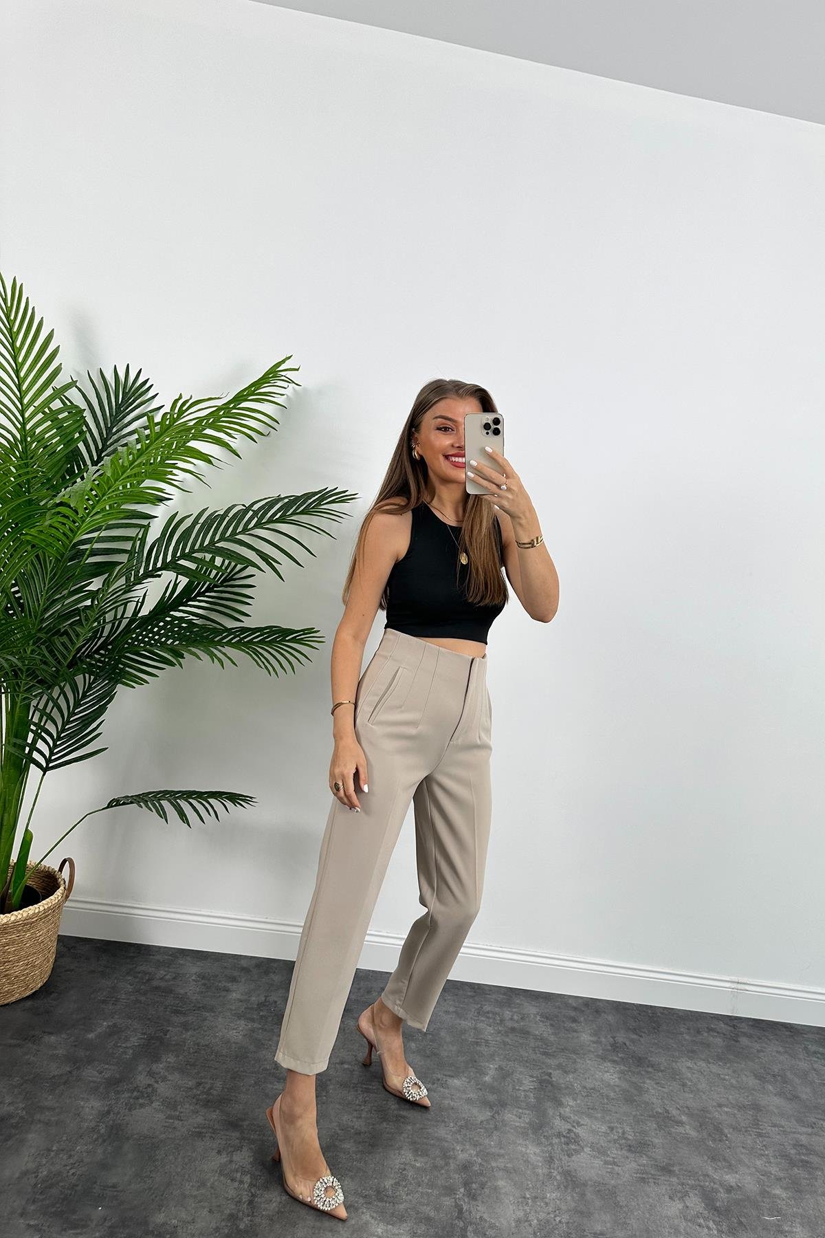 Zra Model Double Atlas Kumaş Yüksek Bel Flatolu Kumaş Pantolon Taş