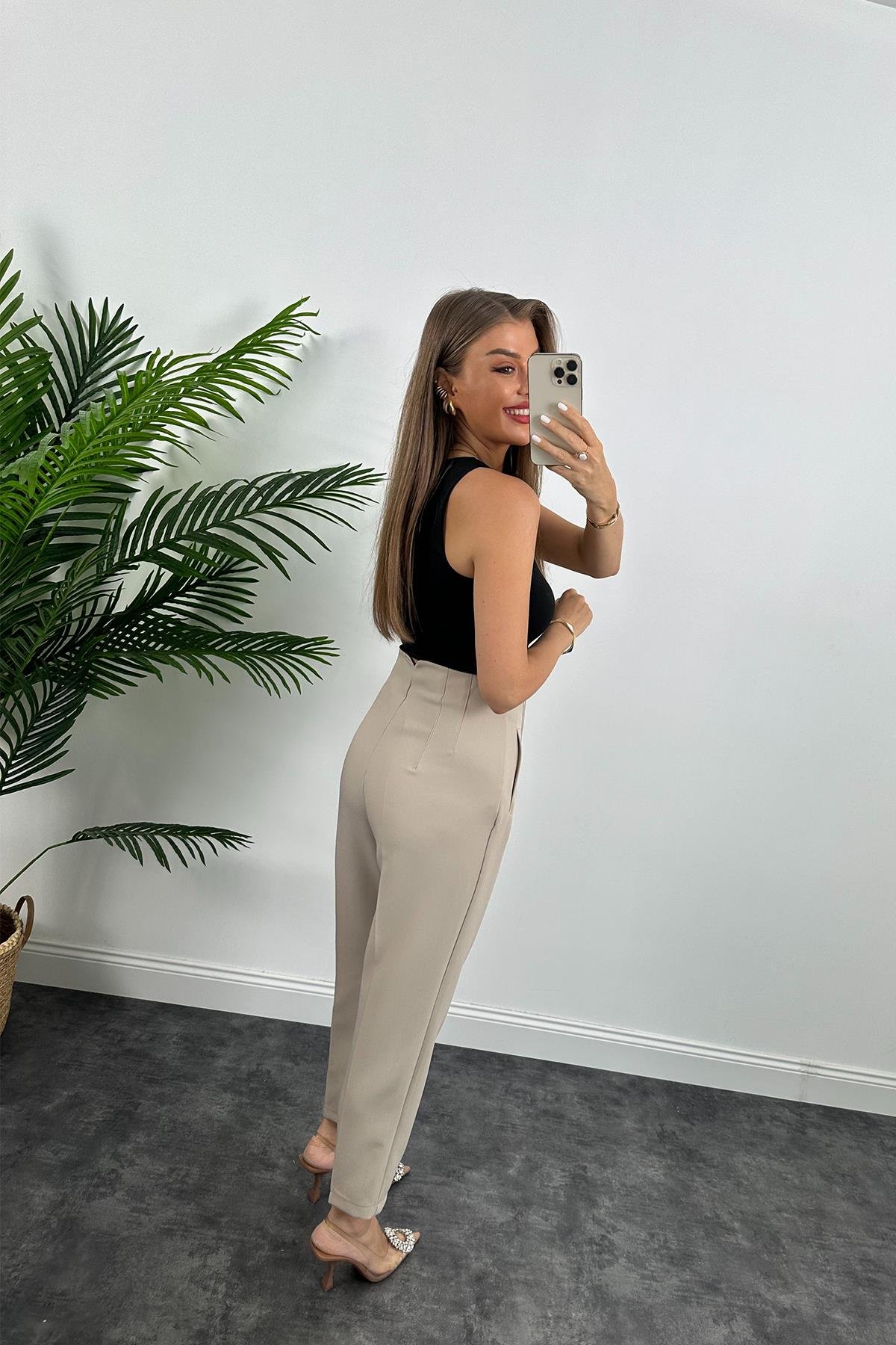 Zra Model Double Atlas Kumaş Yüksek Bel Flatolu Kumaş Pantolon Taş