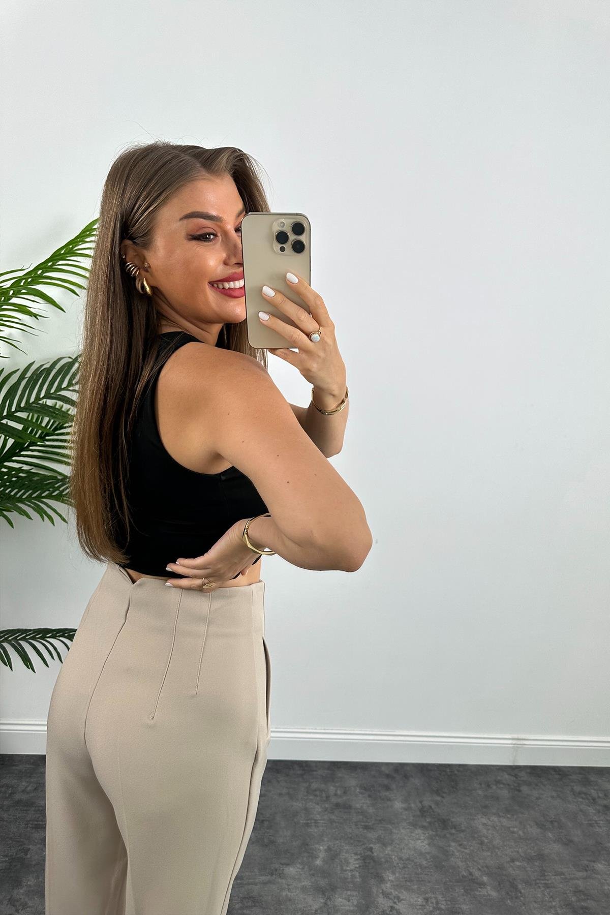 Zra Model Double Atlas Kumaş Yüksek Bel Flatolu Kumaş Pantolon Taş