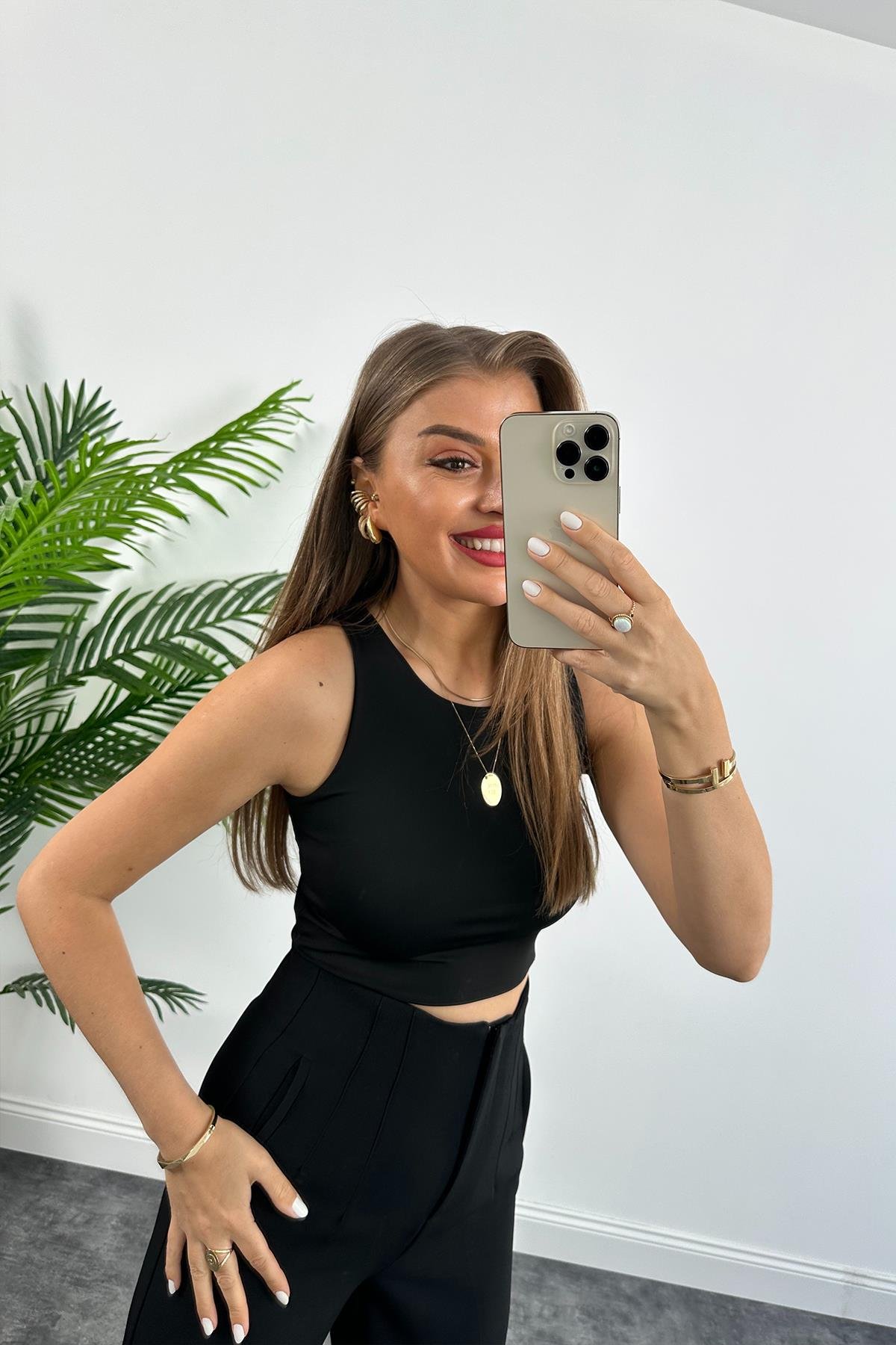 Zra Model Double Atlas Kumaş Yüksek Bel Flatolu Kumaş Pantolon Siyah