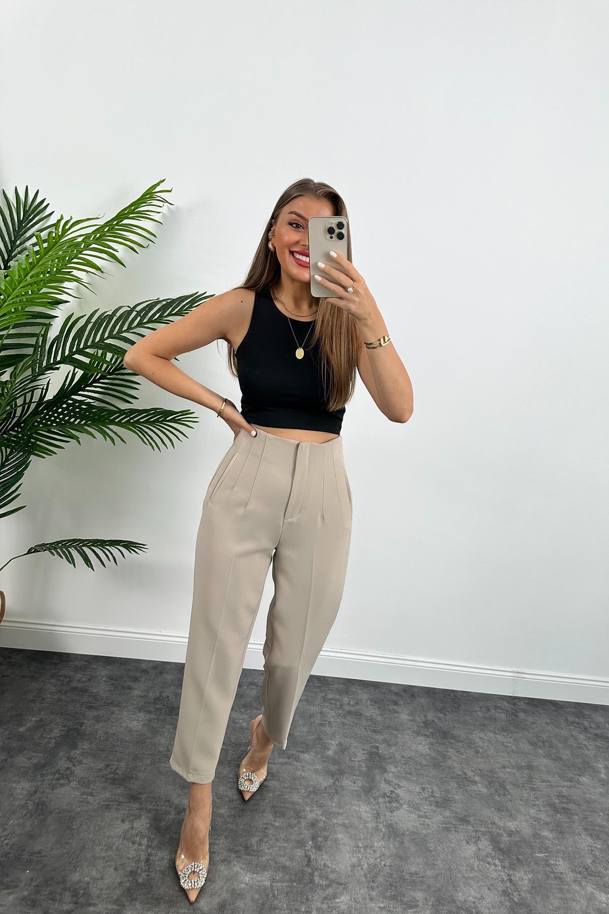 Zra Model Double Atlas Kumaş Yüksek Bel Flatolu Kumaş Pantolon Taş