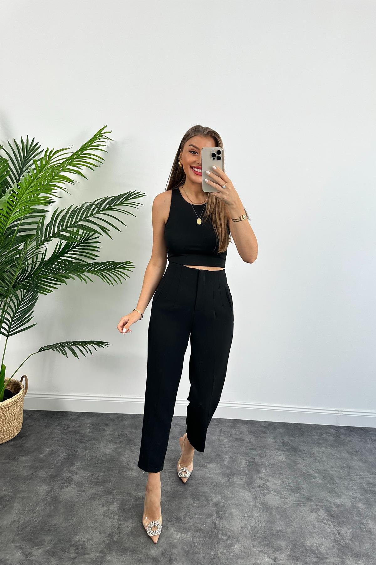 Zra Model Double Atlas Kumaş Yüksek Bel Flatolu Kumaş Pantolon Siyah