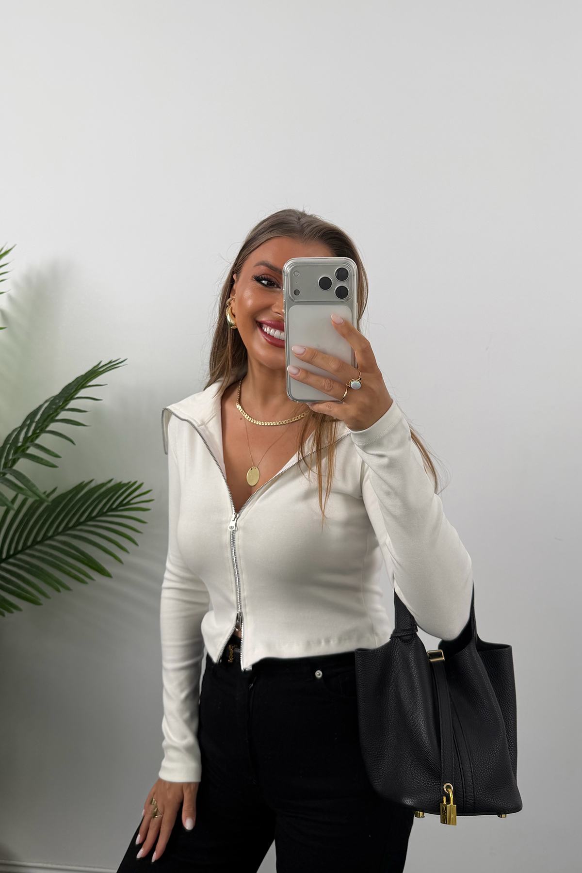 Zra Model Fermuarlı Likralı Geniş Yaka Basic Bluz Beyaz