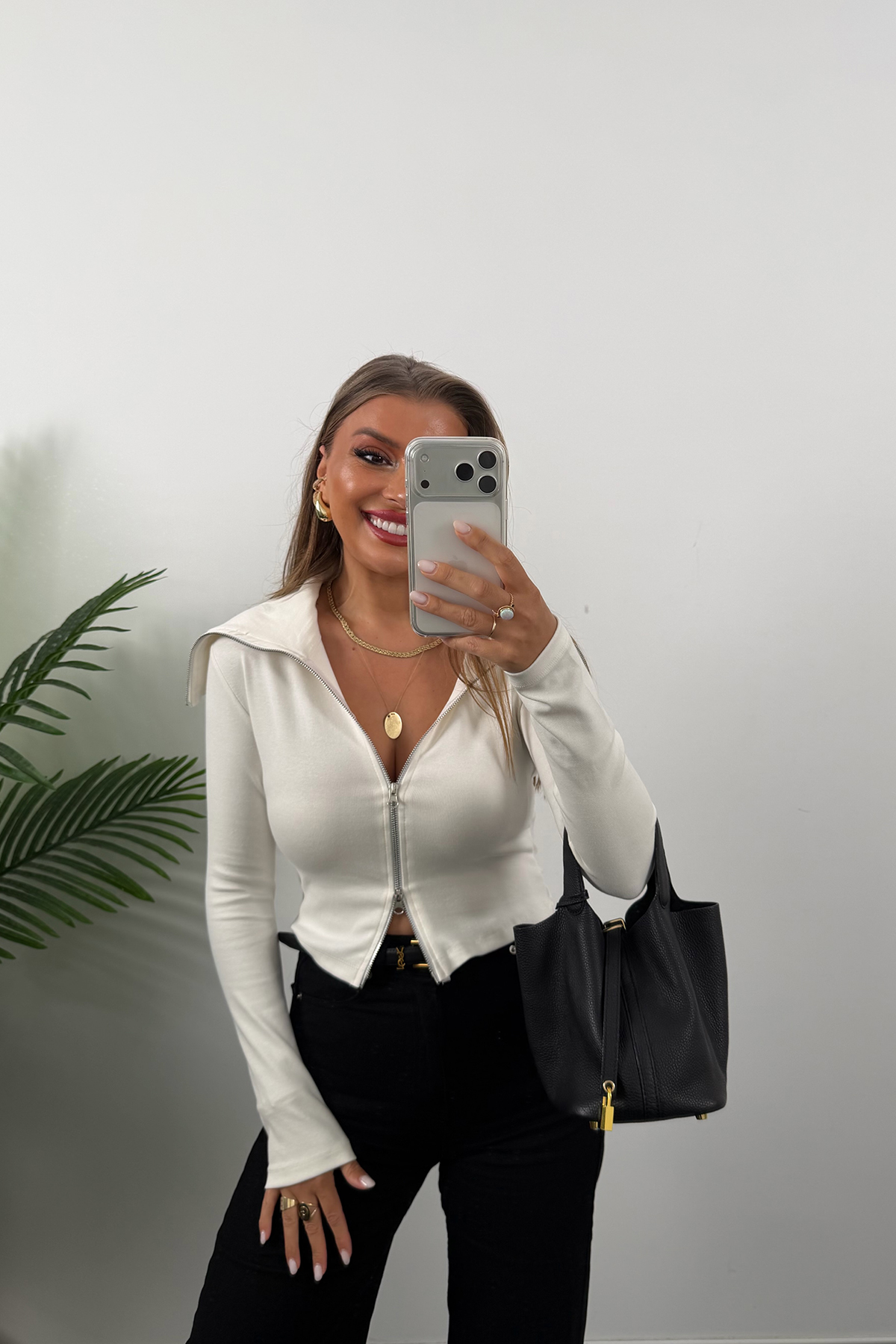 Zra Model Fermuarlı Likralı Geniş Yaka Basic Bluz Beyaz
