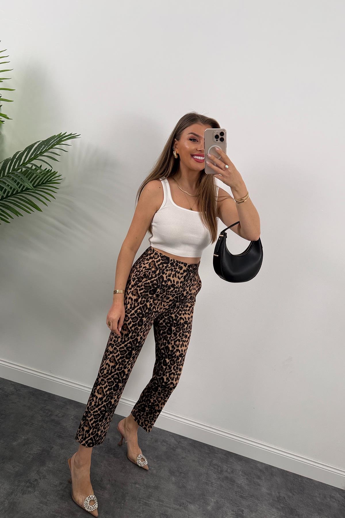 Zra Model Flatolu Leopar Desen Kumaş Pantolon