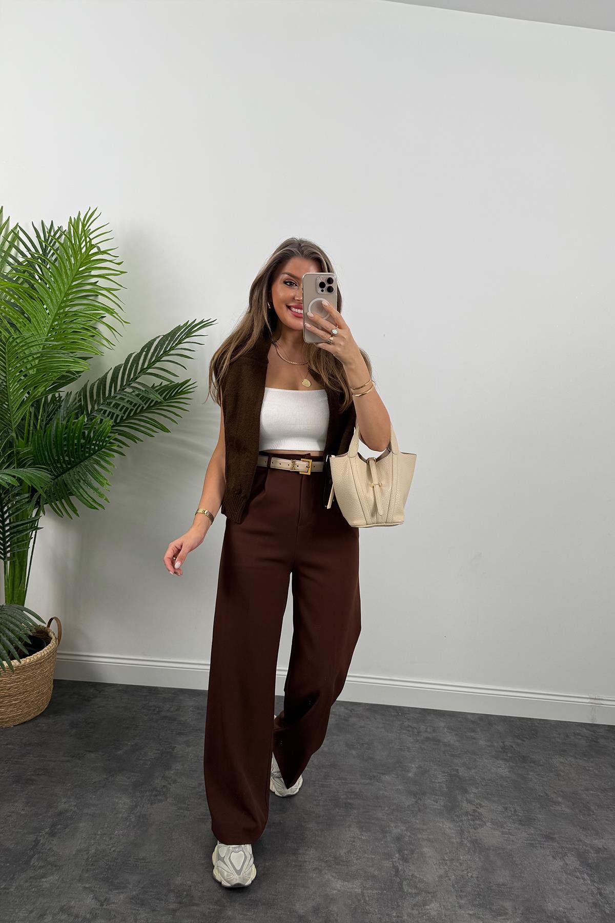 Zra Model Pileli Dökümlü Palazzo Kahverengi