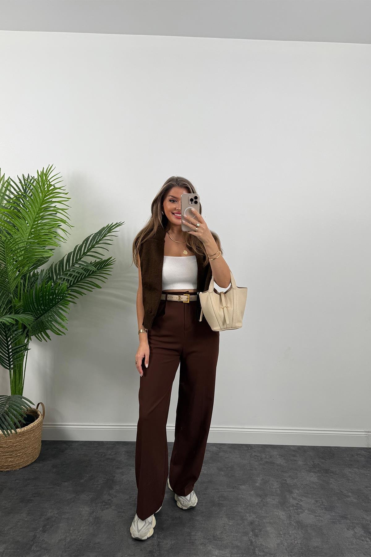 Zra Model Pileli Dökümlü Palazzo Kahverengi