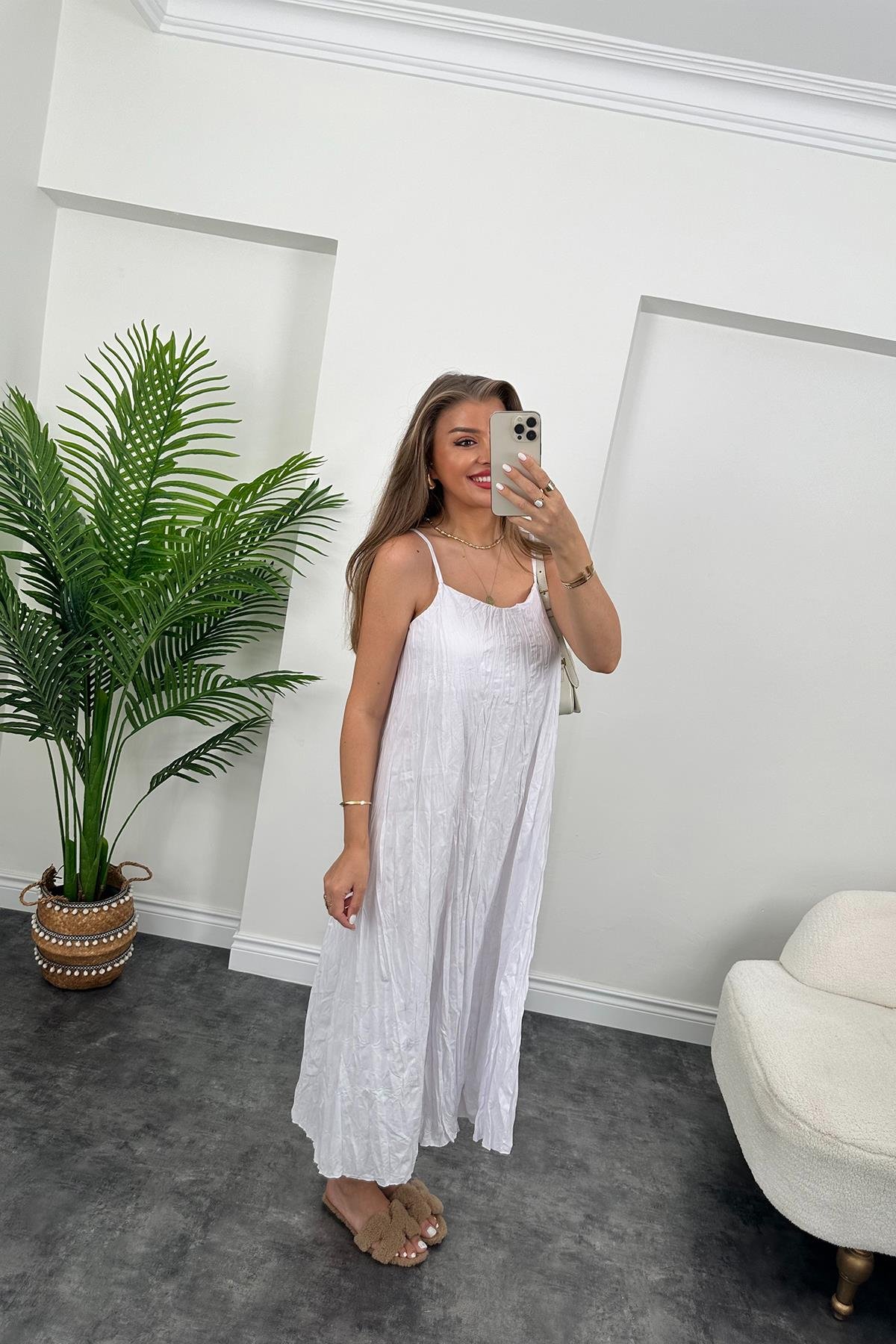 Zra Model Premium Kalite Kraşlı Basic Salaş Elbise Beyaz