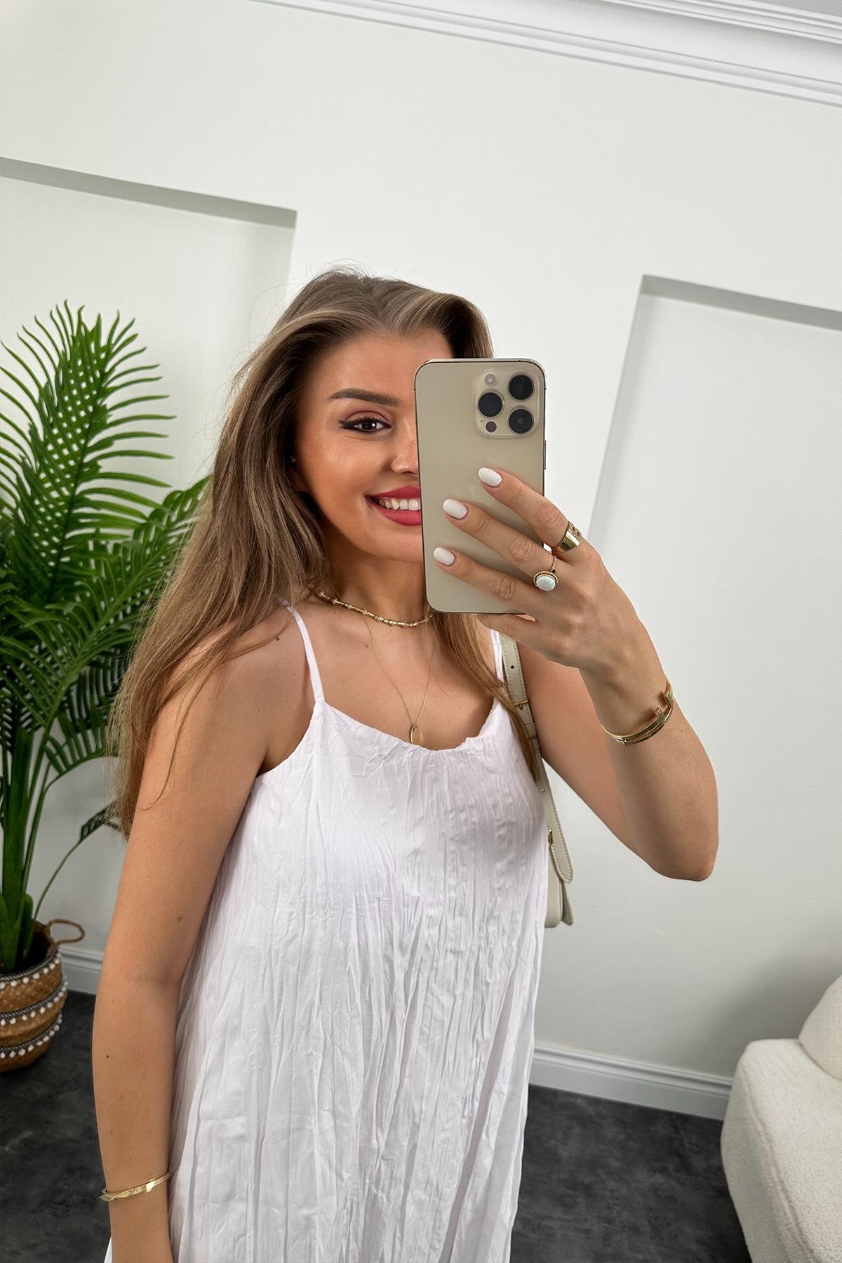 Zra Model Premium Kalite Kraşlı Basic Salaş Elbise Beyaz