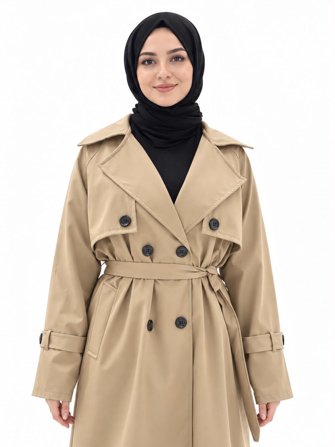 Kadın Bej Önü Düğmeli Kuşaklı Bolero Trençkot