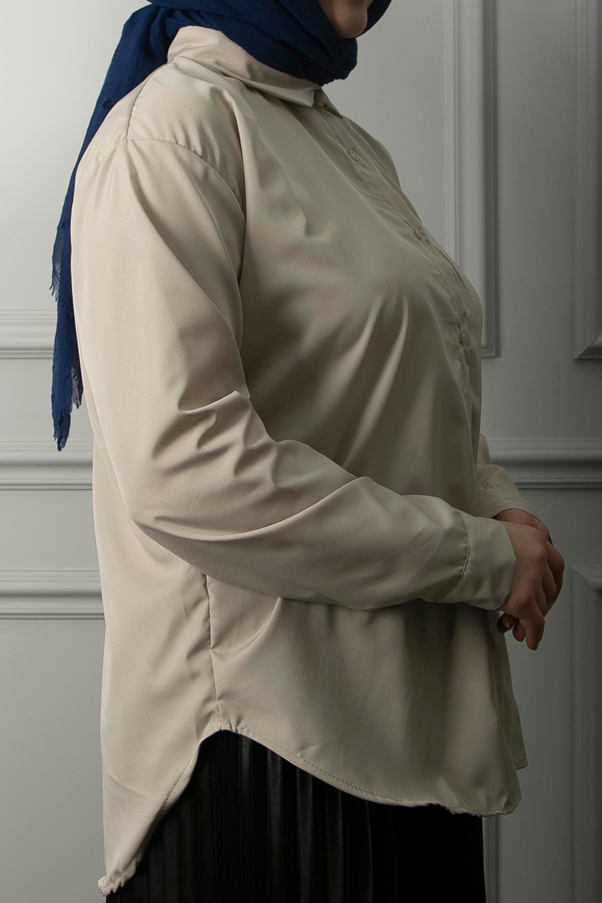 Kadın Bej Oversize Düz Gömlek