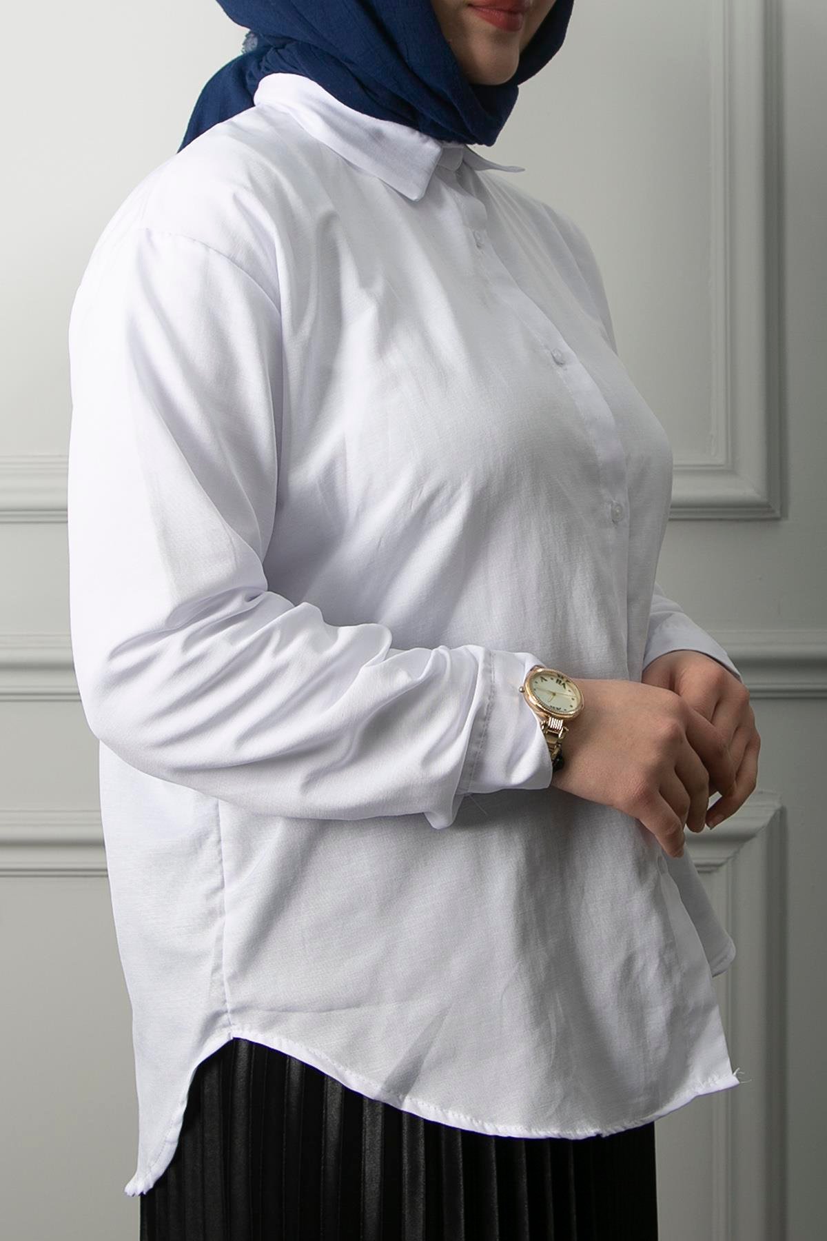 Kadın Beyaz Oversize Düz Gömlek