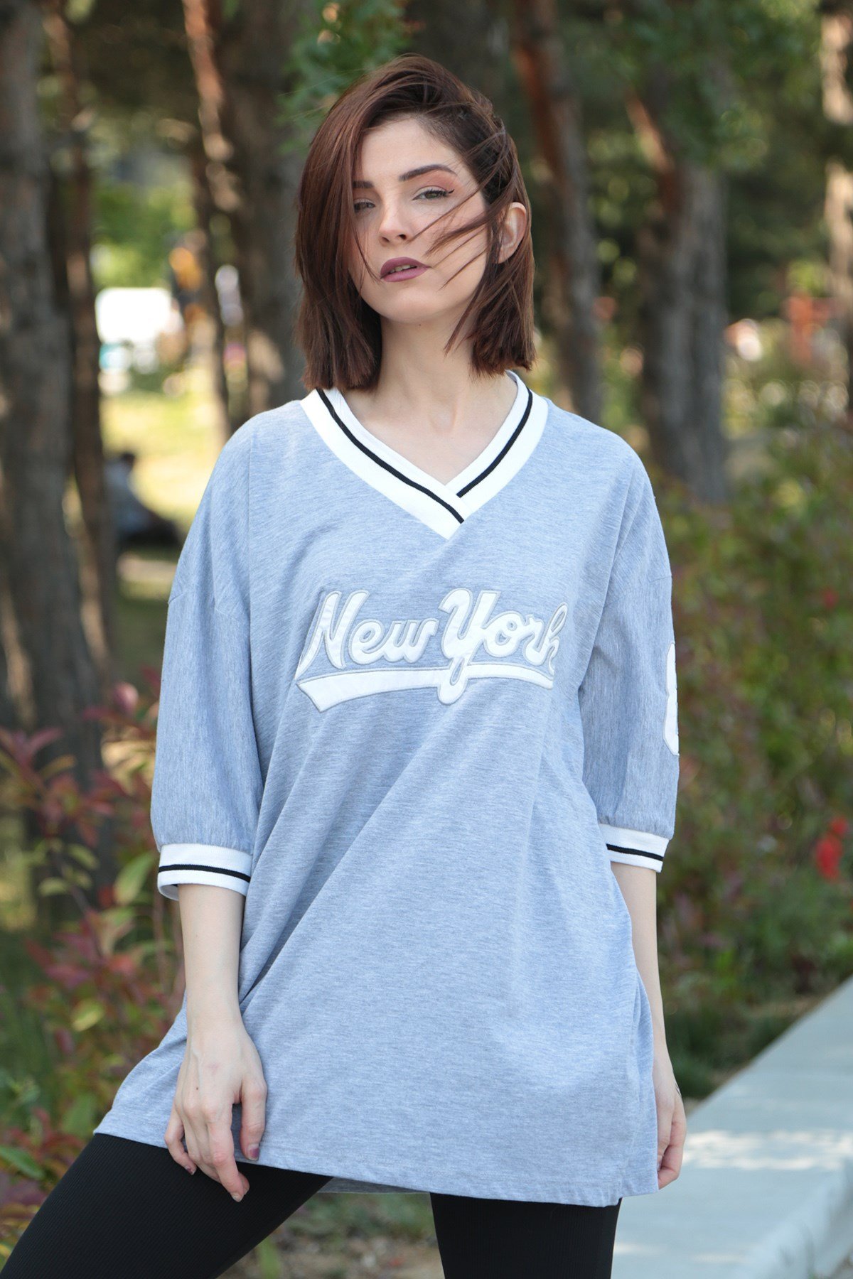 Kadın Gri Baskılı Oversize Tshirt