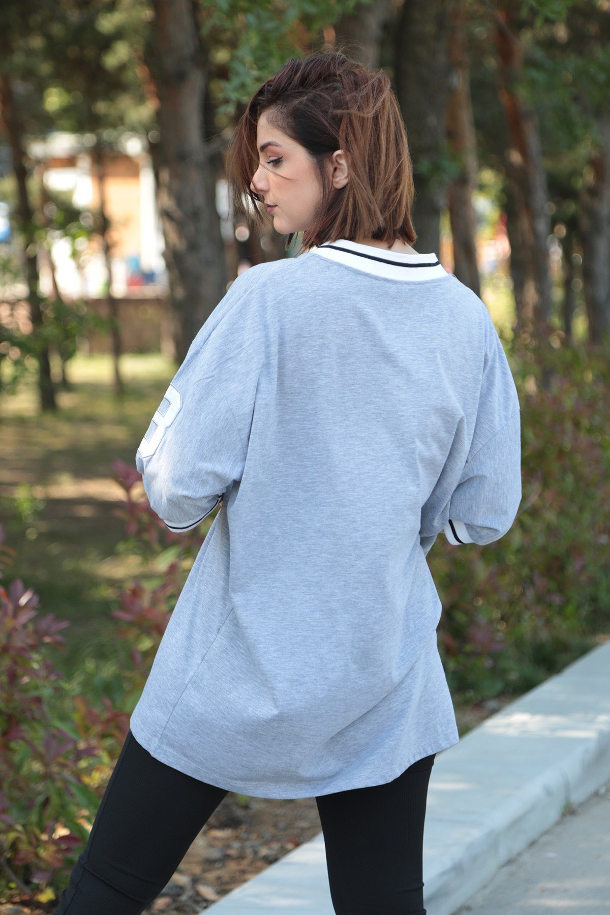 Kadın Gri Baskılı Oversize Tshirt