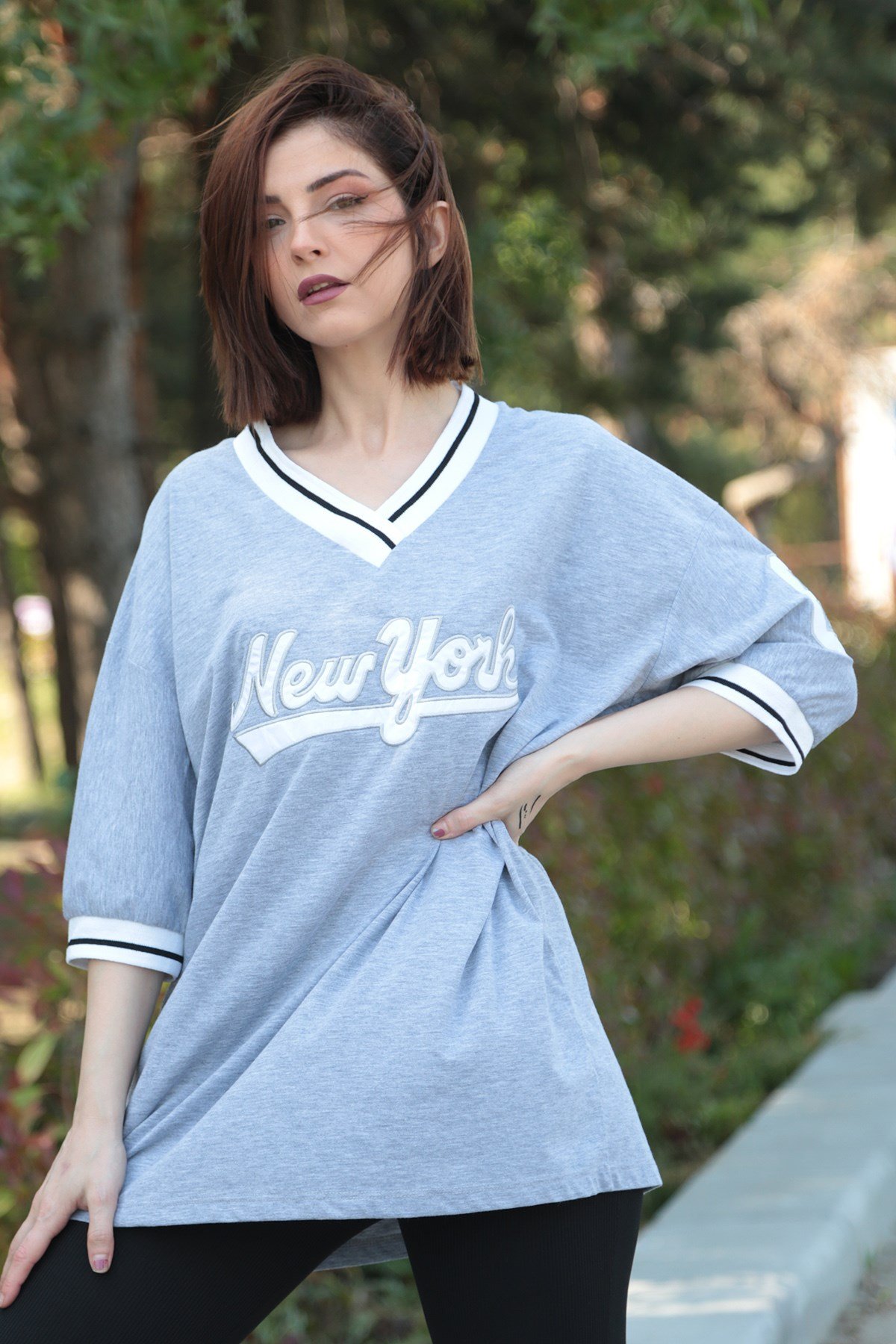 Kadın Gri Baskılı Oversize Tshirt