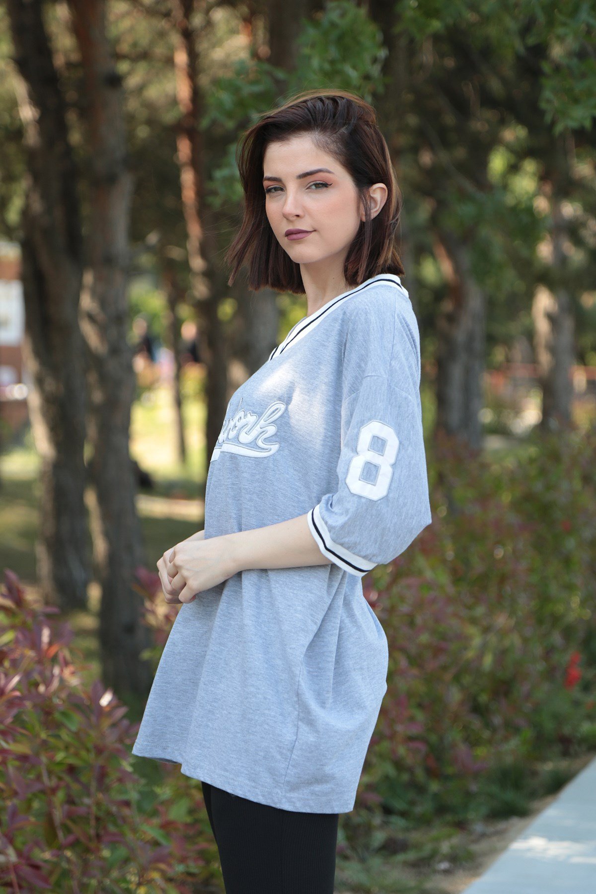 Kadın Gri Baskılı Oversize Tshirt