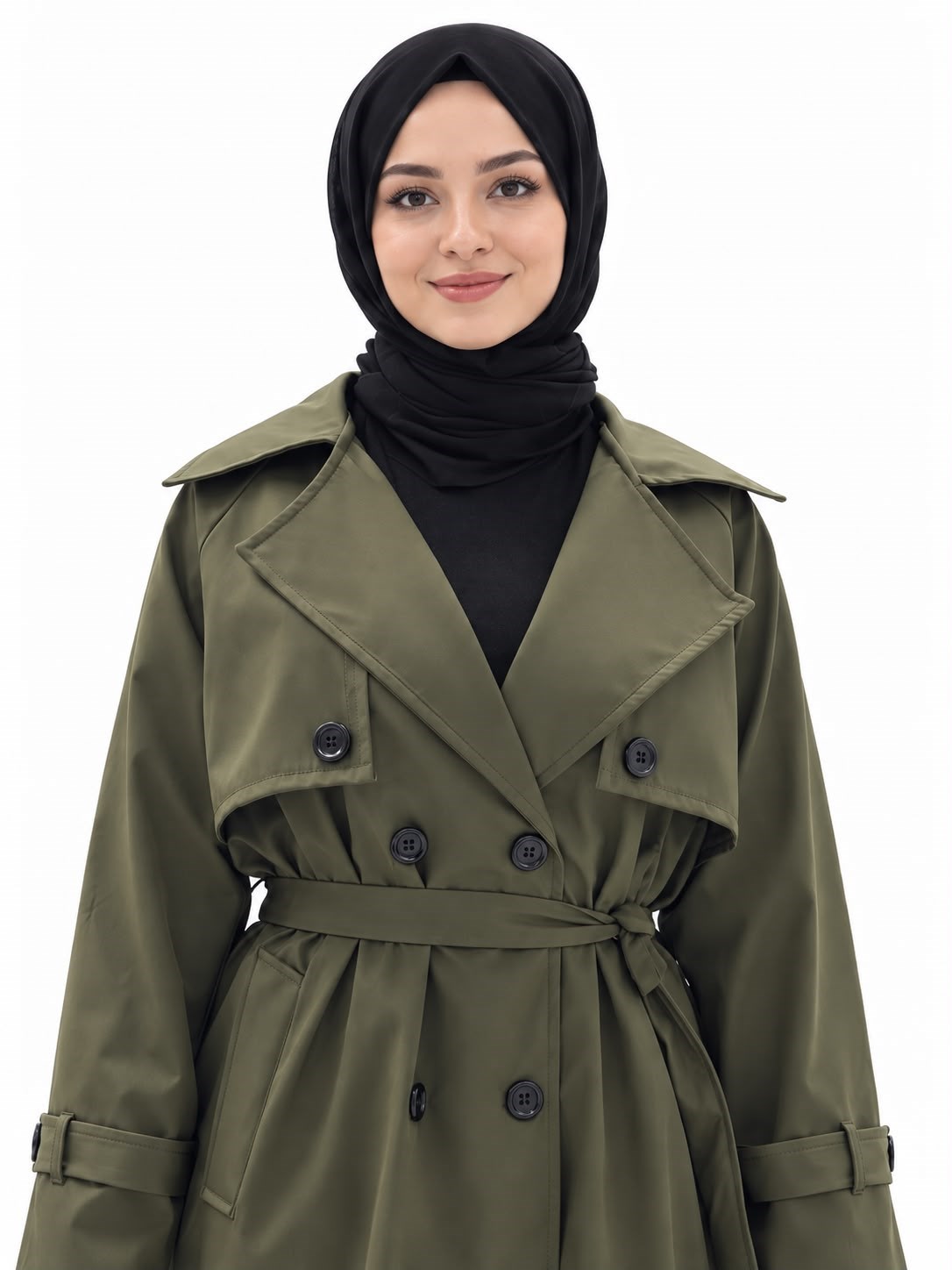 Kadın Haki Önü Düğmeli Kuşaklı Bolero Trençkot