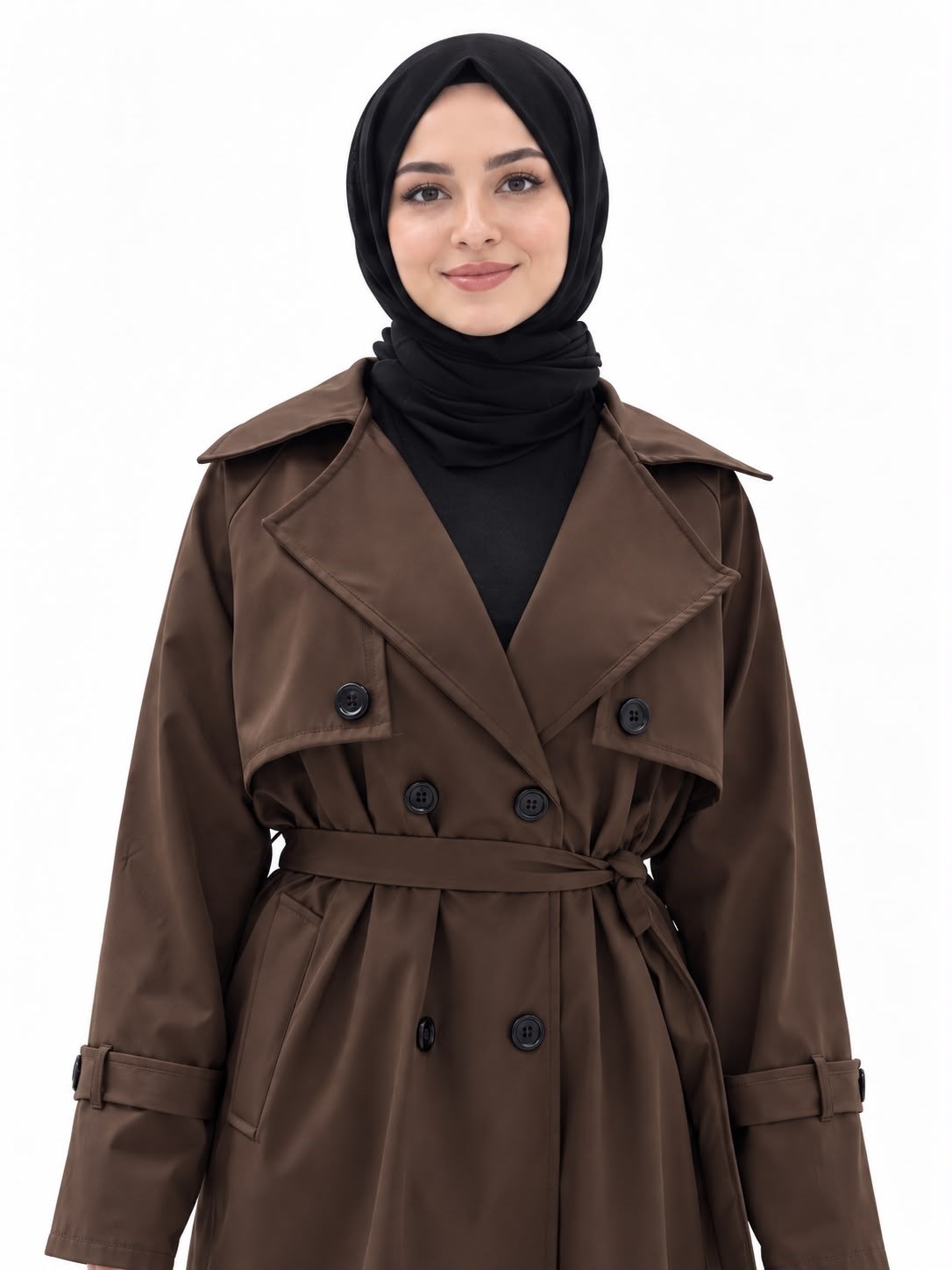 Kadın Kahve Önü Düğmeli Kuşaklı Bolero Trençkot