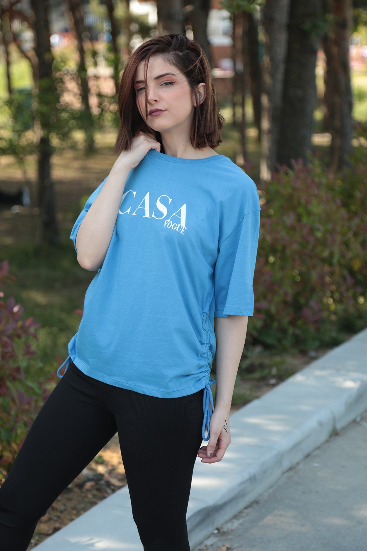 Kadın Mavi Baskılı Büzgülü Tshirt