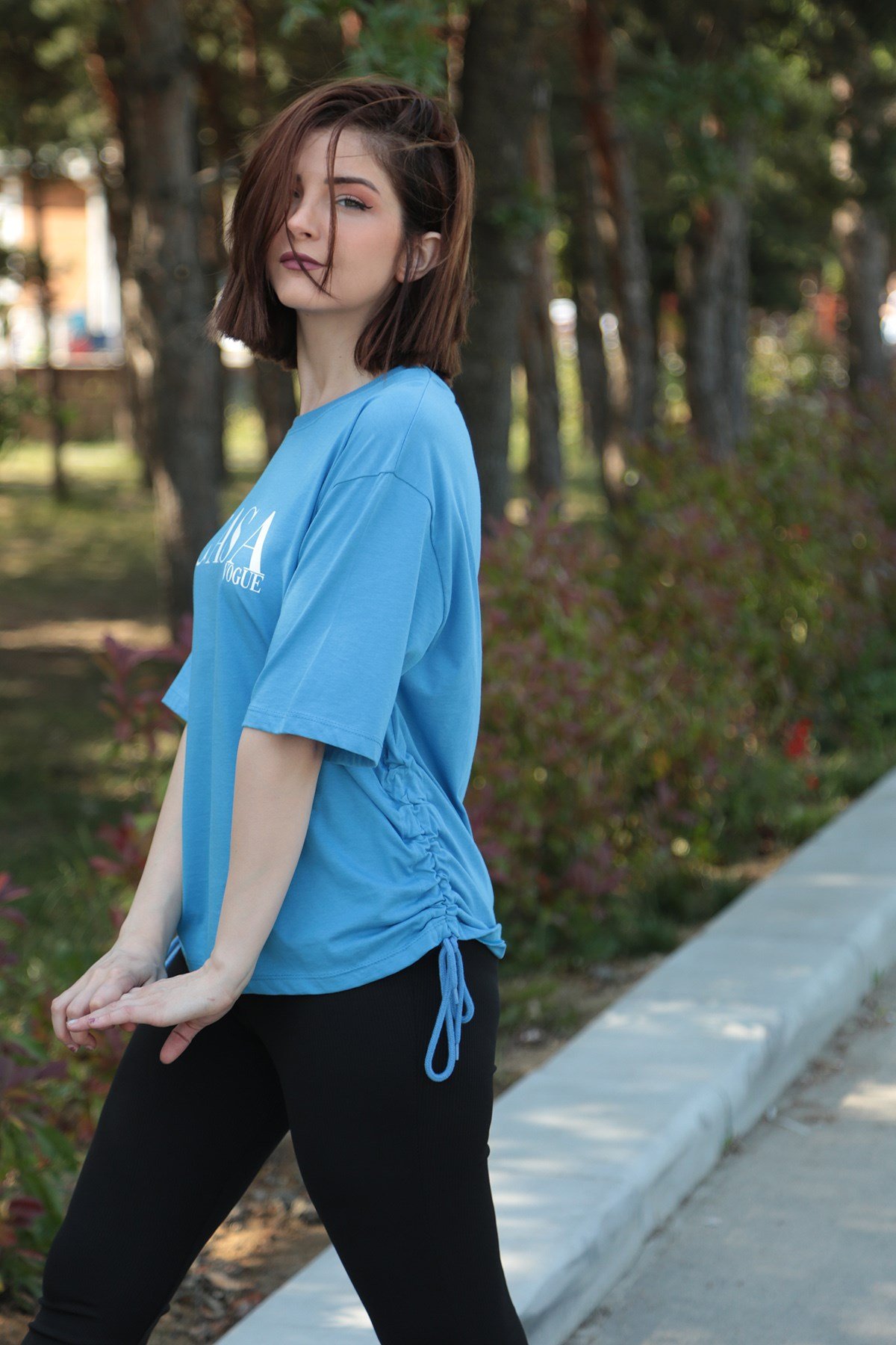 Kadın Mavi Baskılı Büzgülü Tshirt