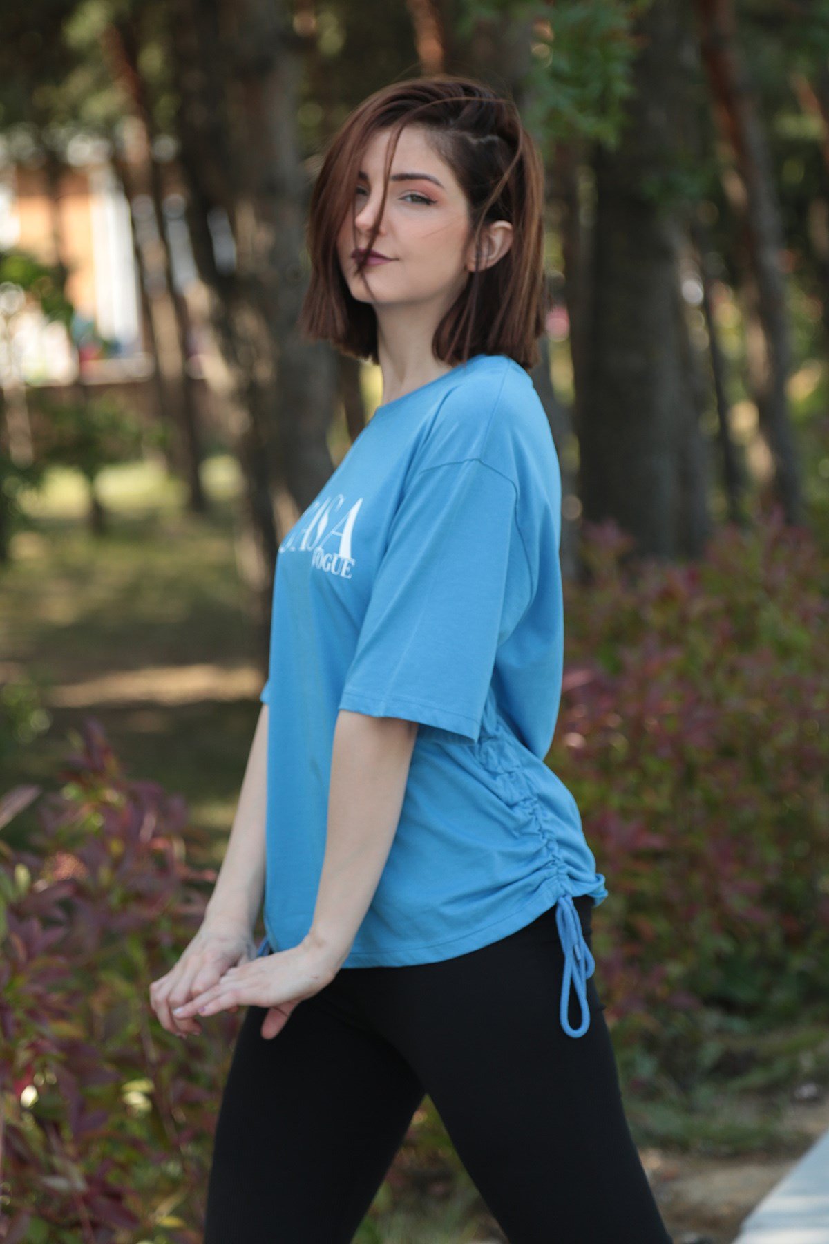 Kadın Mavi Baskılı Büzgülü Tshirt