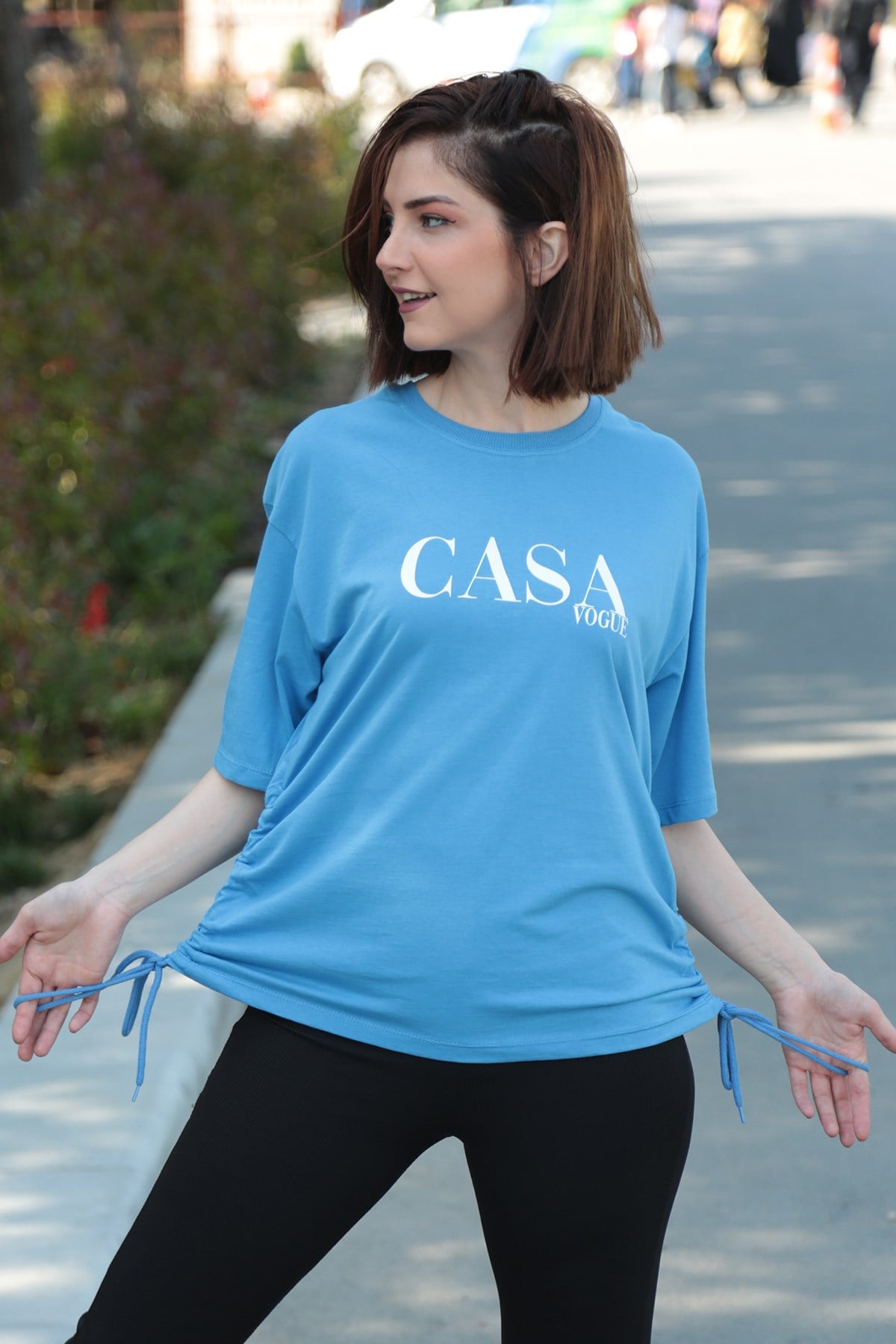 Kadın Mavi Baskılı Büzgülü Tshirt