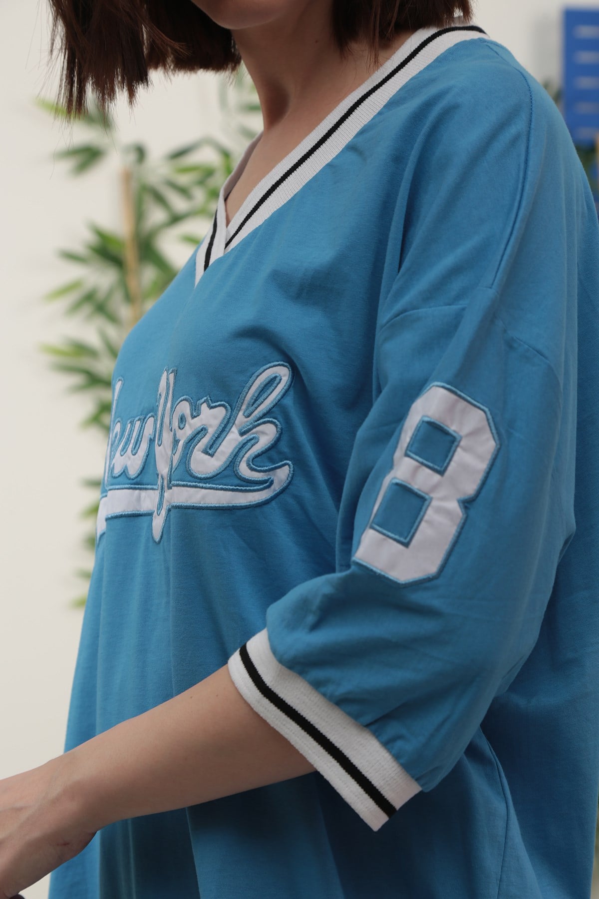 Kadın Mavi Baskılı Oversize Tshirt