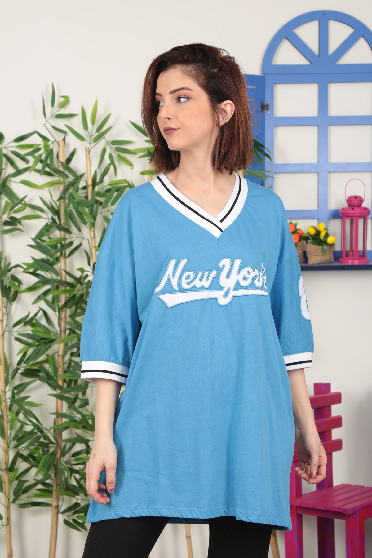 Kadın Mavi Baskılı Oversize Tshirt