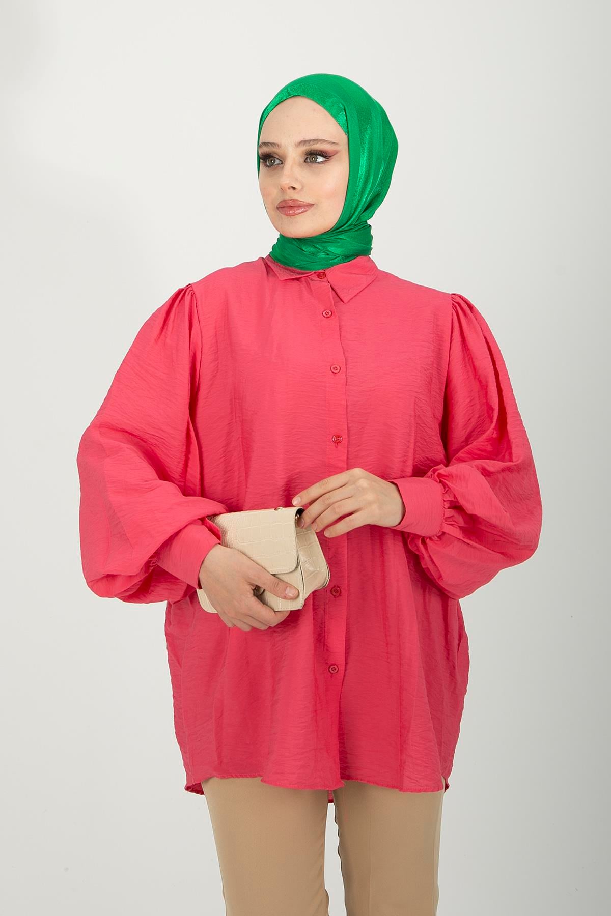Kadın Pembe Balon Kol Gömlek