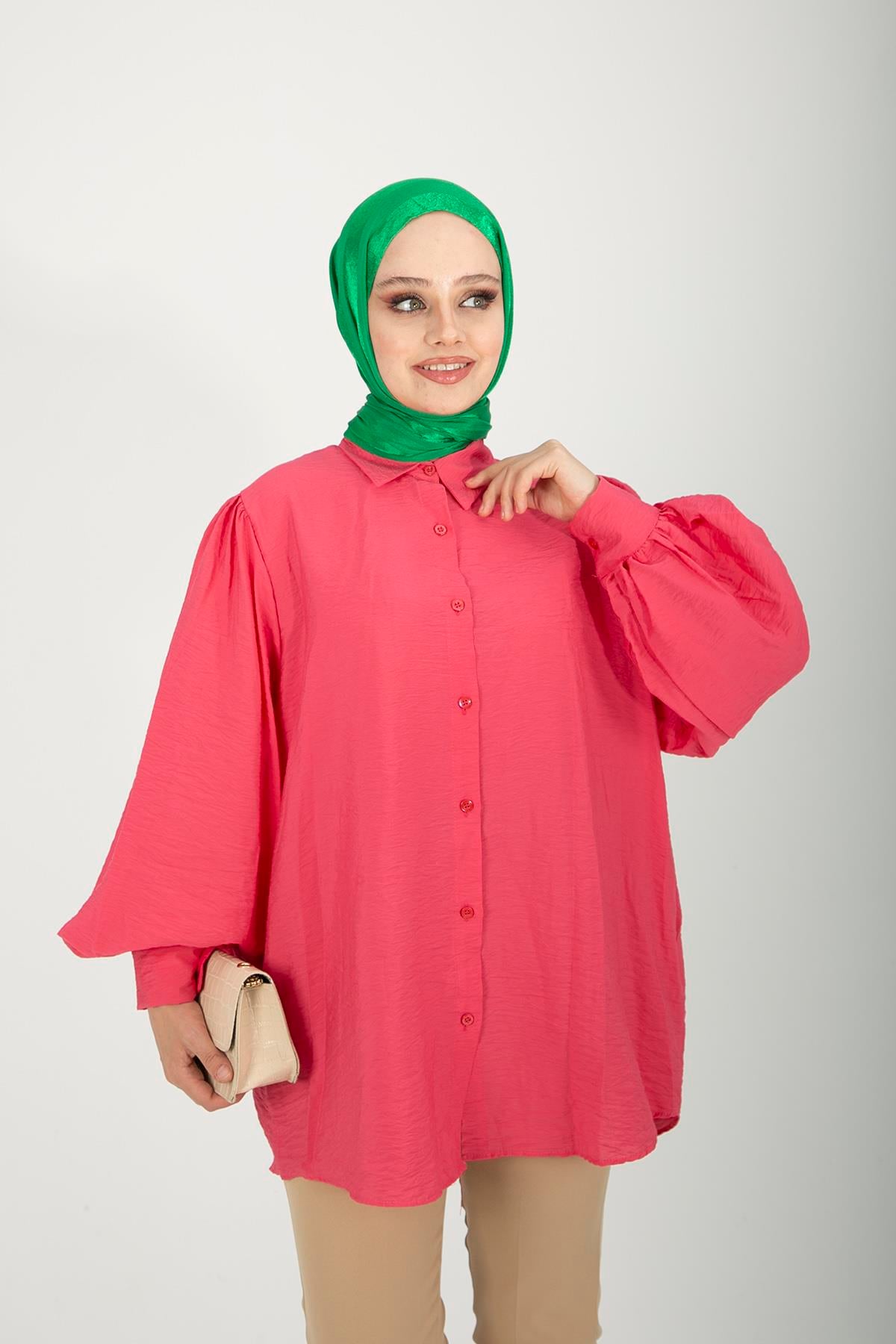 Kadın Pembe Balon Kol Gömlek