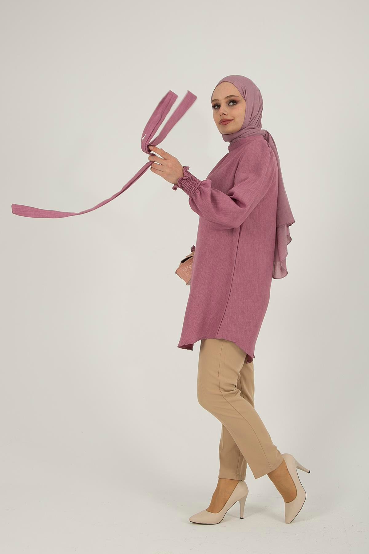 Kadın Pembe Kuşaklı Keten Ayrobin Tunik