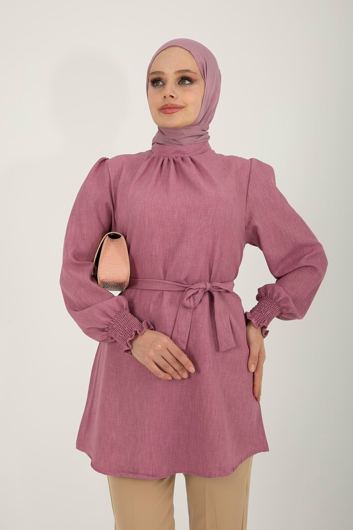 Kadın Pembe Kuşaklı Keten Ayrobin Tunik