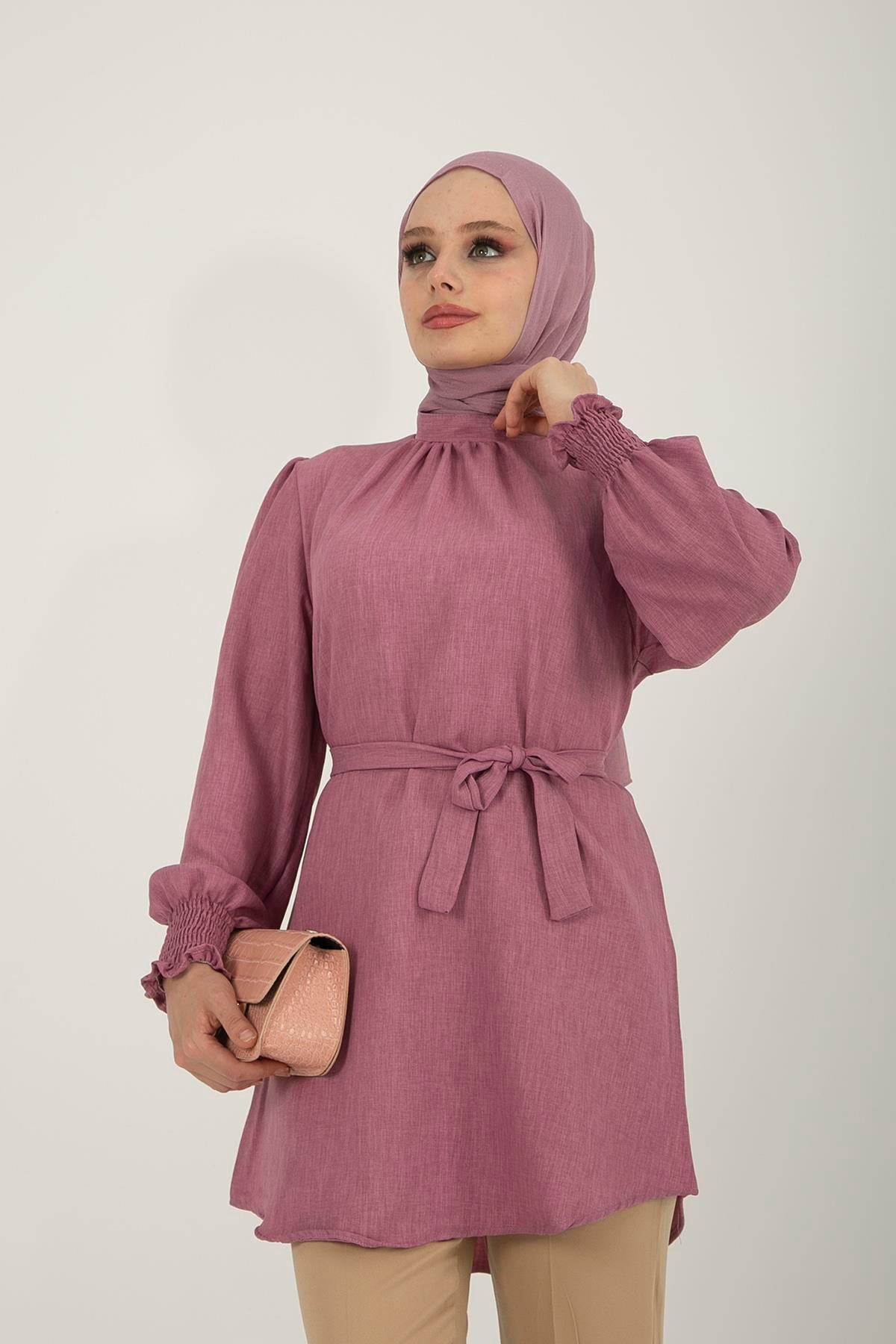 Kadın Pembe Kuşaklı Keten Ayrobin Tunik