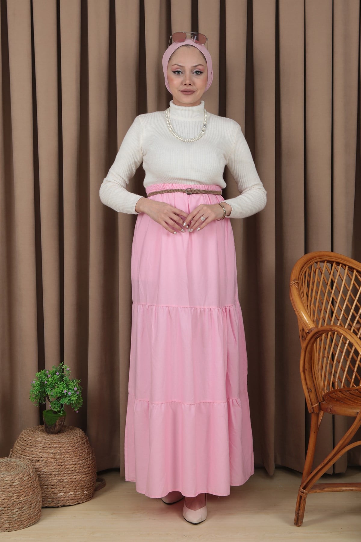 Kadın Pembe Parçalı Kemerli Etek