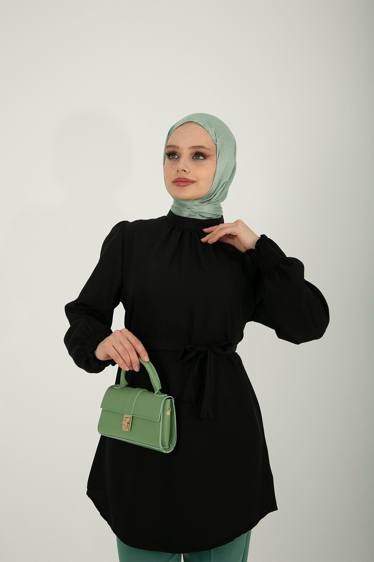 Kadın Siyah Kuşaklı Keten Ayrobin Tunik