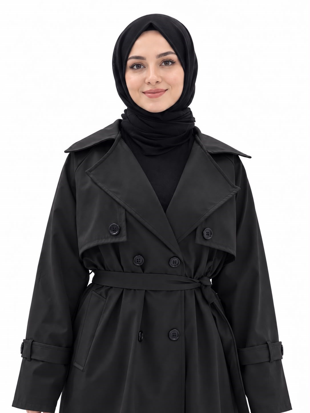 Kadın Siyah Önü Düğmeli Kuşaklı Bolero Trençkot